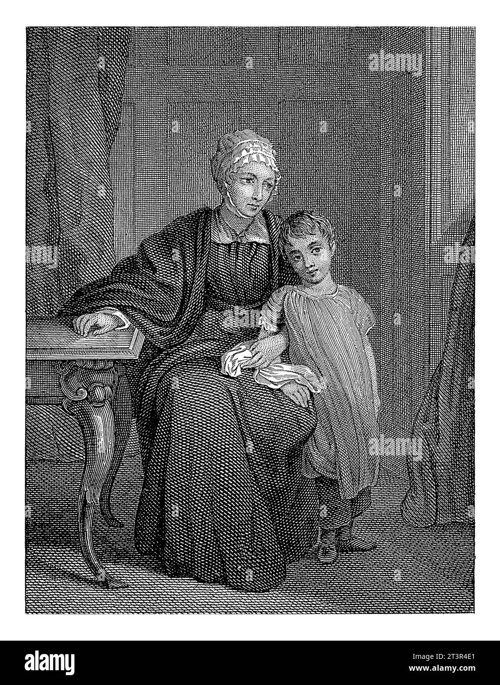 Femme avec enfant à une table dans un intérieur, Philippus Velijn, 1832 Une femme est assise à une table dans un intérieur avec un enfant debout à côté d'elle. Banque D'Images