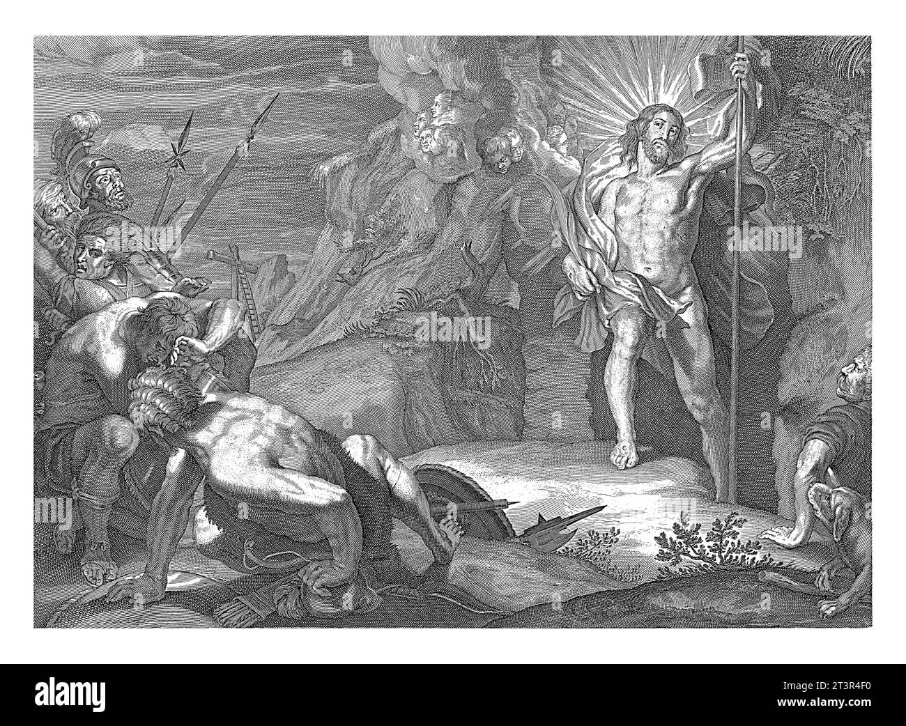 Résurrection, anonyme, d'après Schelte Adamsz. Bolswert, d'après Pierre Paul Rubens, 1630 - 1702 Christ se lève de la tombe avec une bannière de victoire à la main Banque D'Images