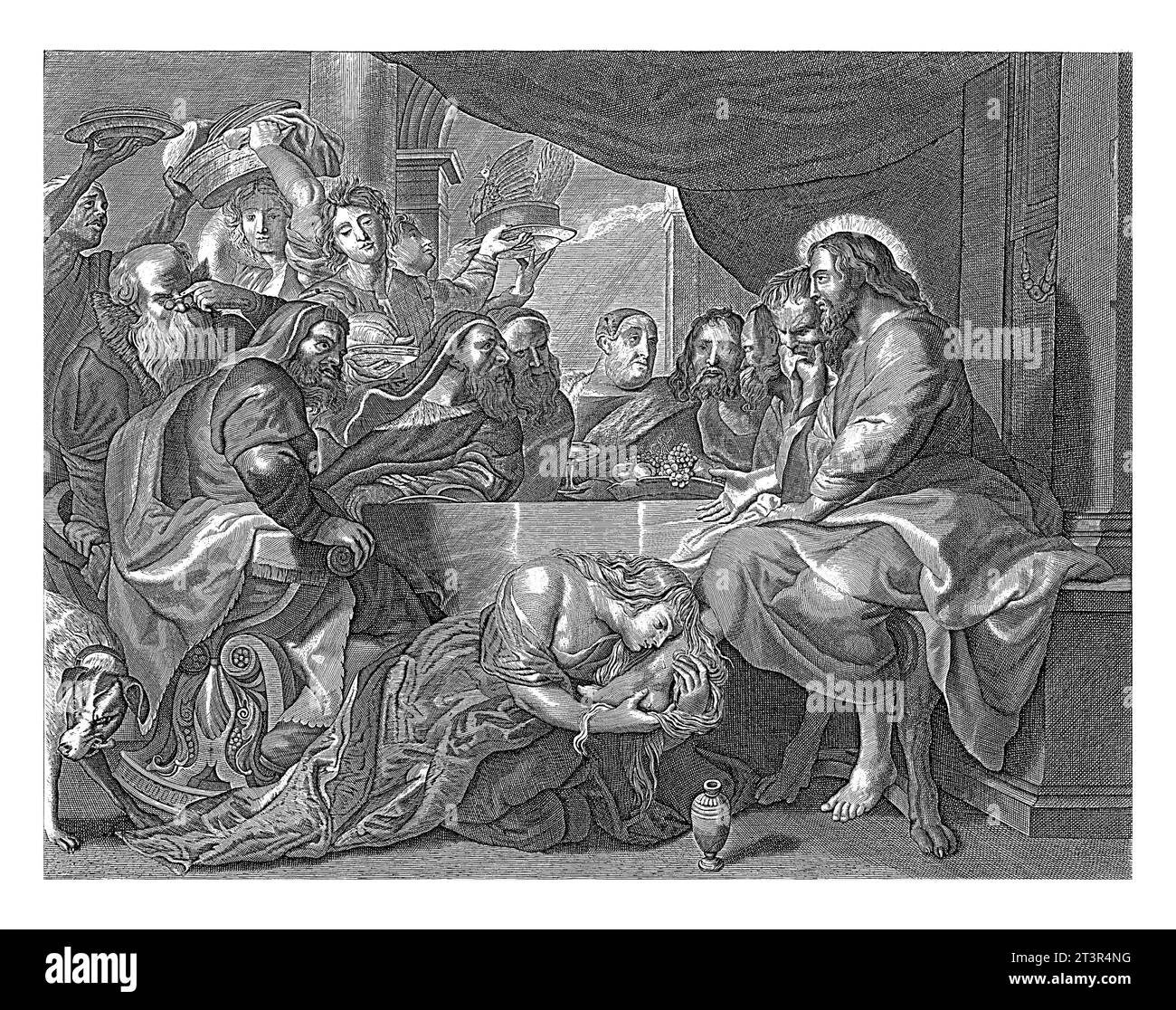 Christ oint par Marie Madeleine, anonyme, d'après Michel Natalis, d'après Pierre Paul Rubens, 1652 - 1702 Christ avec ses apôtres à la table dans le Banque D'Images