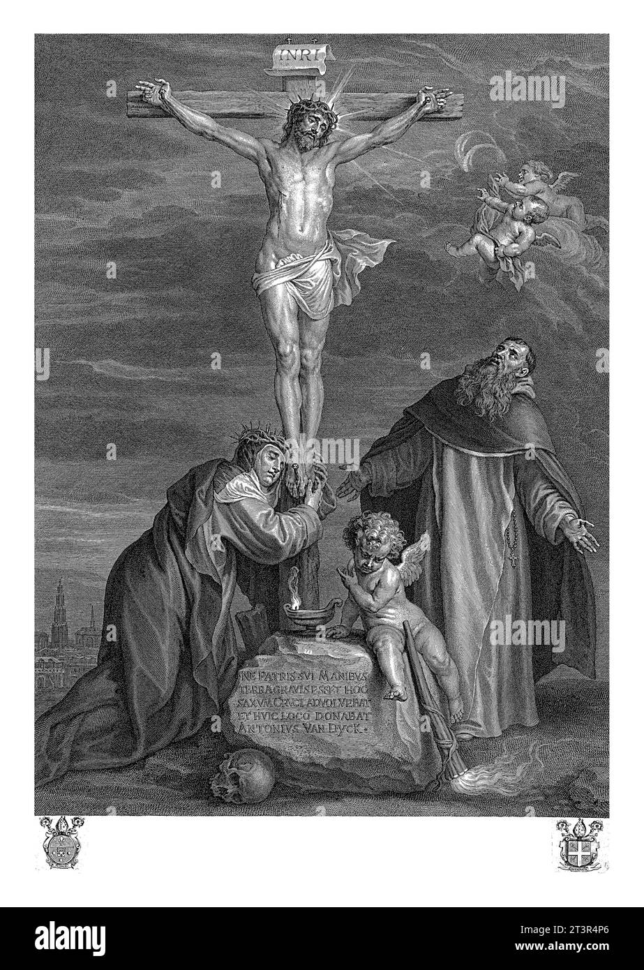 Christ sur la Croix avec les Saintes Catherine de Sienne et Dominique sous la Croix, Schelte Adamsz. Bolswert, d'après Anthony van Dyck, d'après Erasmus Quelli Banque D'Images
