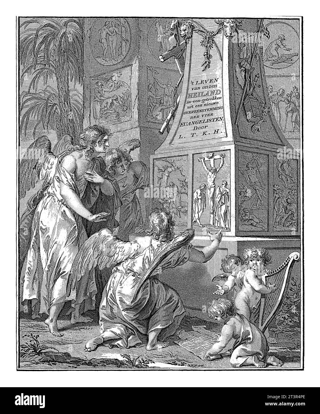 Trois anges admirent un obélisque avec des scènes du Nouveau Testament, Matthijs Pool, d'après Jacob de Wit, 1732 Paysage avec trois anges à un obélisque. Banque D'Images