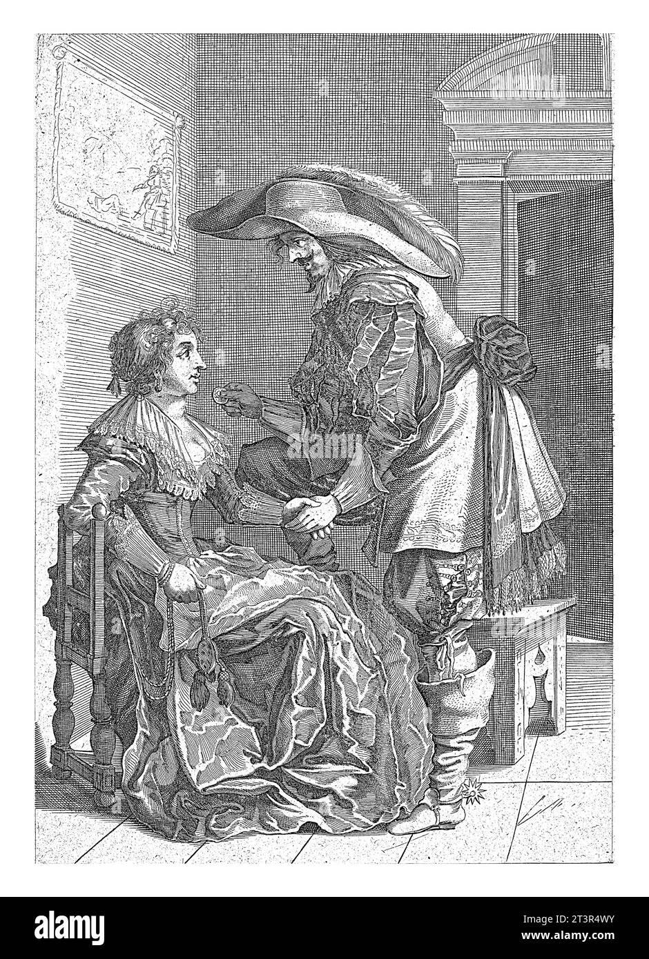 Un homme offre une pièce à une femme, Salomon Savery, d'après Pieter Jansz. Quast, 1630 - 1718, vintage gravé. Banque D'Images