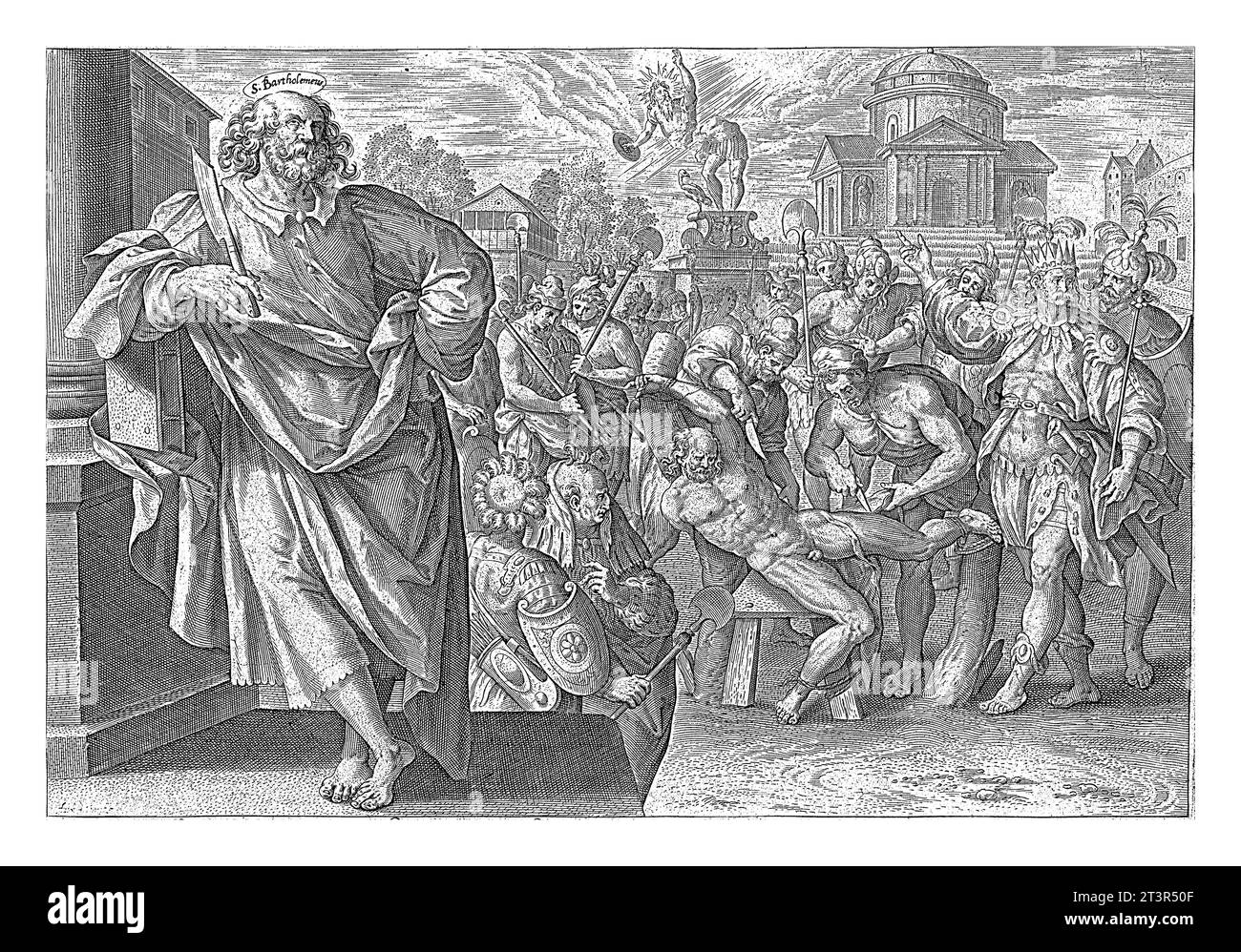 Martyre de Bartolomeus, Hans Collaert, d'après Maerten de vos, 1646 Bartolomeus est trahi par les Indiens. À gauche de la scène de son martyre il est Banque D'Images