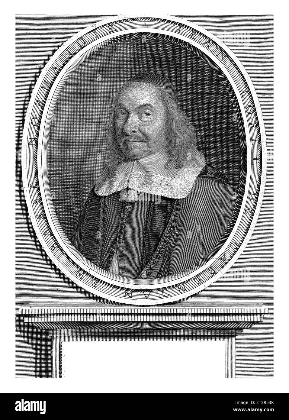 Portrait de Jean Loret, Robert Nanteuil, 1658 Portrait du poète Jean Loret, trois quarts à gauche. Sur le piédestal un poème de quatre lignes en français. Banque D'Images