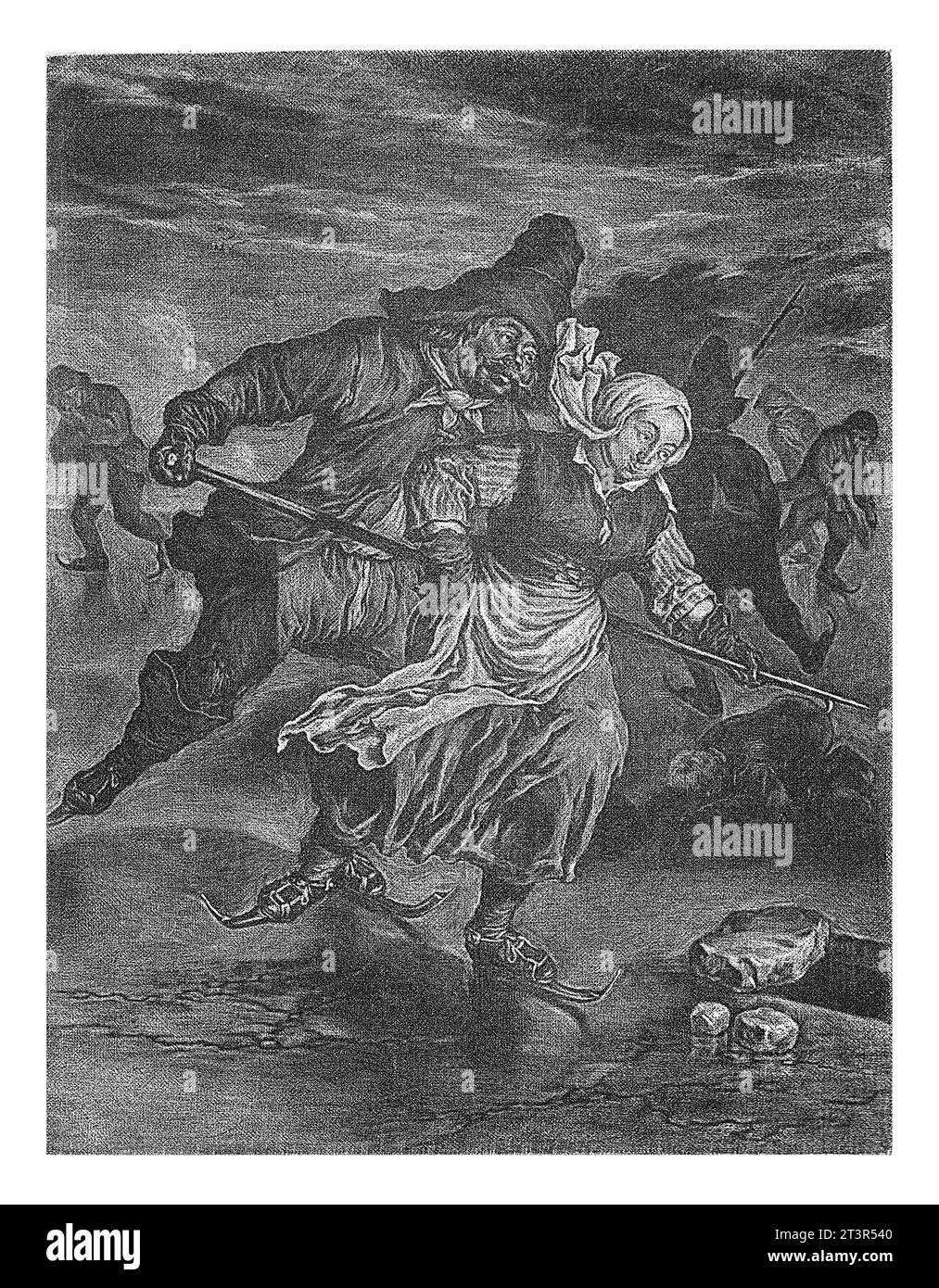 Décembre, Cornelis Dusart, 1679 - 1704 Fun de glace. Un homme et une femme patinent sur un long bâton au-dessus de la glace autour d'un trou. D'autres patineurs peuvent être vus dans le b Banque D'Images