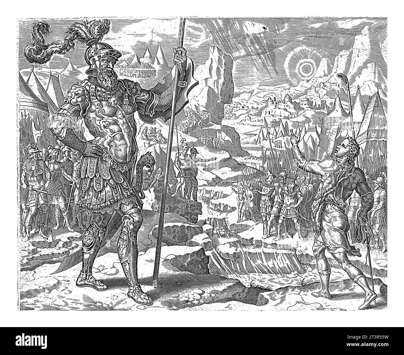 Confrontation entre David et Goliath, anonyme, d'après Maarten van Heemskerck, 1555 - 1633 David debout en civil devant le Philistin Goli Banque D'Images