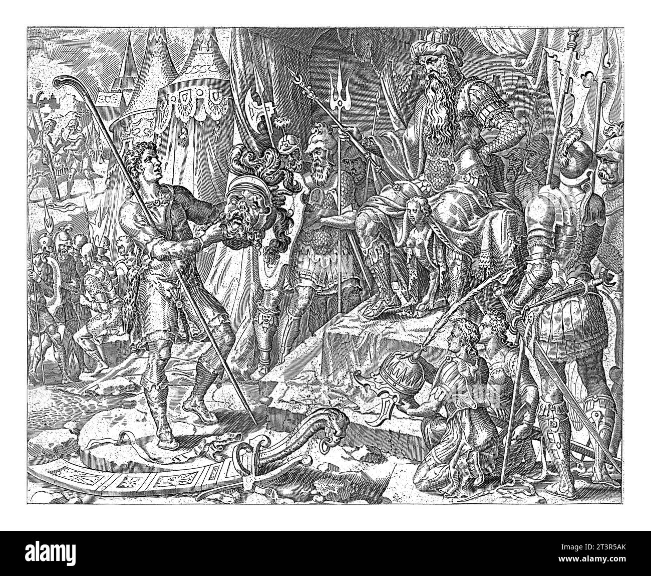 David montre la tête de Goliath à Saul, anonyme, d'après Maarten van Heemskerck, 1555 - 1633 David se tient avec la tête de Goliath devant Saul. Sever Banque D'Images