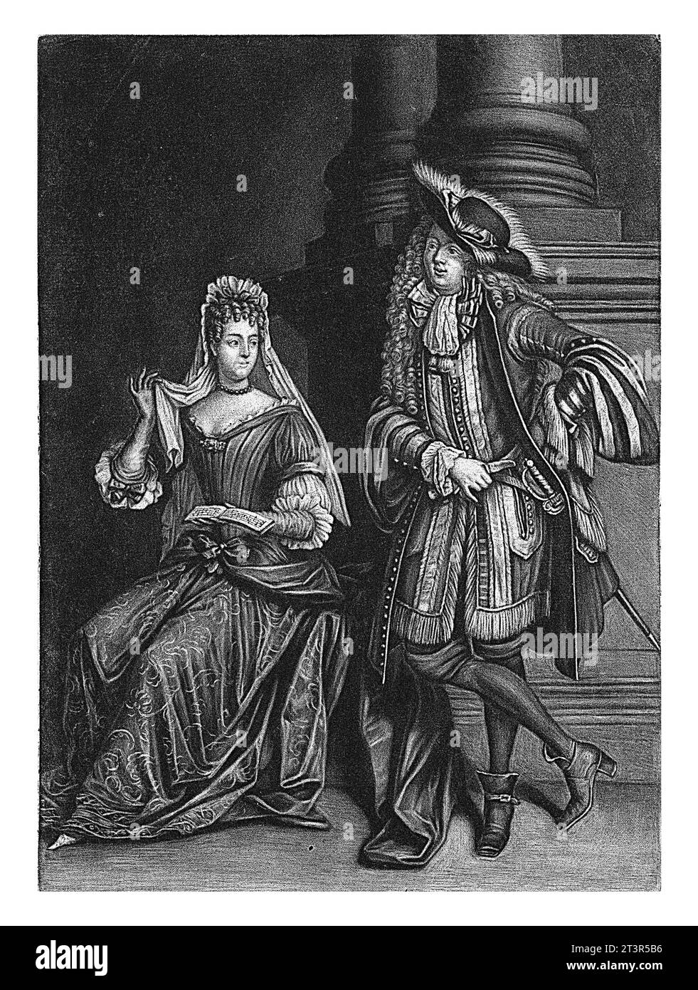 Couple sur une plate-forme, habillé selon la mode de 1680-90, Jacob Gole, d'après Dieu de Saint Jean, 1680 - 1724 couple élégamment habillé sur une Banque D'Images