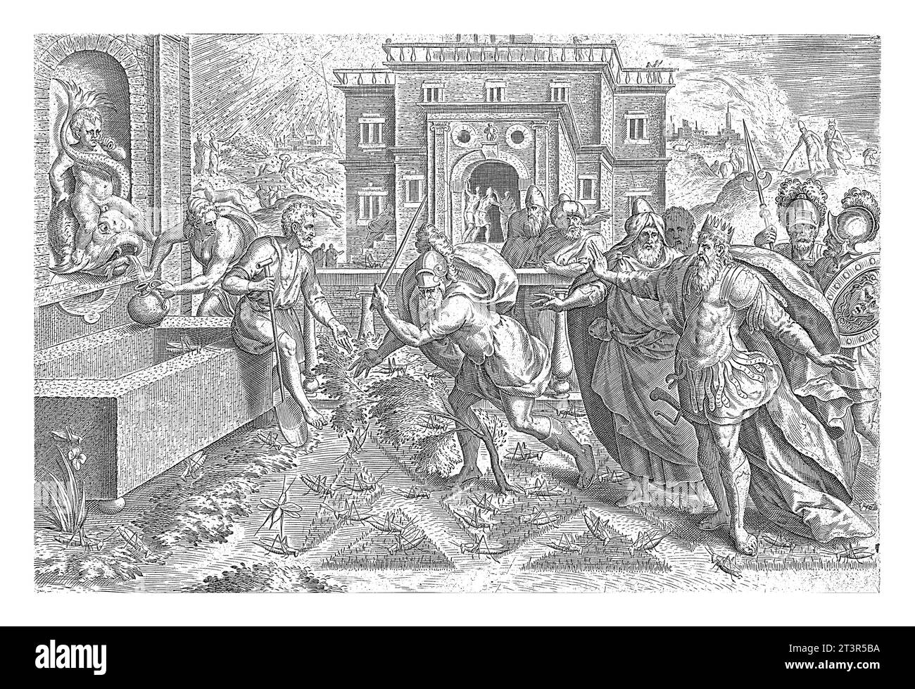 Peste des criquets et de l'eau transformé en sang, Johann Sadeler (I), après Marten van Cleve (I), 1639 au premier plan la huitième peste tha Banque D'Images