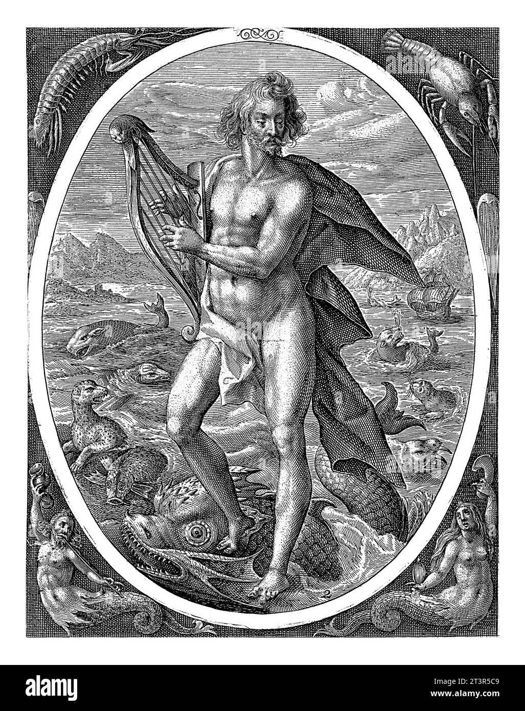 Arion : l'élément de l'eau, Crispijn van de passe (I), 1602 Seascape avec Arion debout sur un dauphin et jouant de la harpe, comme une allégorie de l'élème Banque D'Images