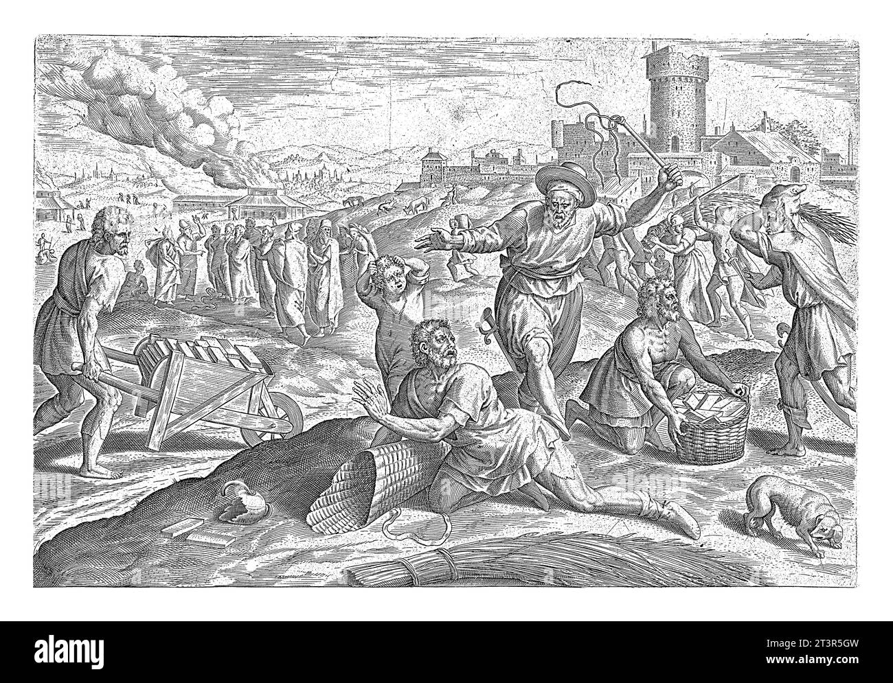 Abus des Israélites par les Égyptiens, Johann Sadeler (I), après Marten van Cleve (I), 1639 un ouvrier israélite tombe à terre et est fouetté Banque D'Images