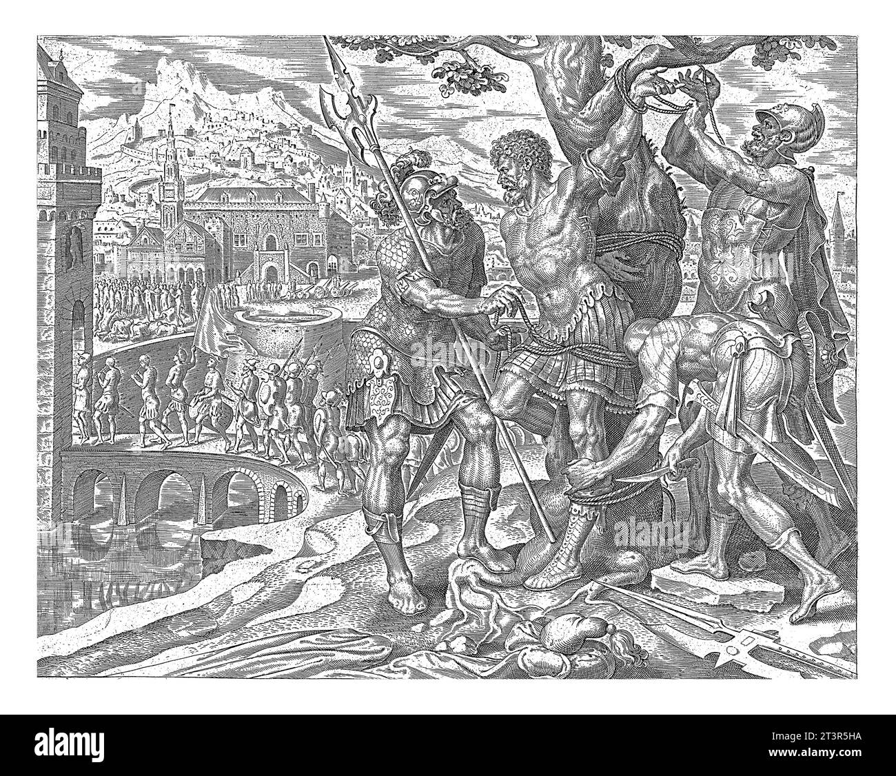 Les Israélites ont coupé Achior lâche, Philips Galle, d'après Maarten van Heemskerck, 1564 Achior, qui a été attaché à un arbre par les Assyriens, est coupé en liberté par l'ISR Banque D'Images