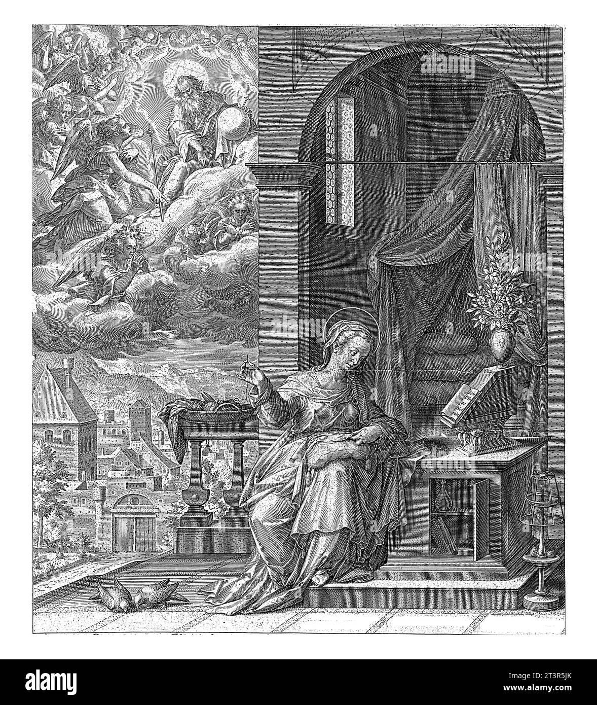 Dieu envoie l'ange Gabriel à Marie, Johann Sadeler (I), après Frederik Sustris, 1588 - 1595 au premier plan droit, Marie est assise sur une plate-forme do Banque D'Images Dieu envoie l'ange Gabriel à Marie, Johann Sadeler (I), après Frederik Sustris, 1588 - 1595 au premier plan droit, Marie est assise sur une plate-forme do Banque D'Images