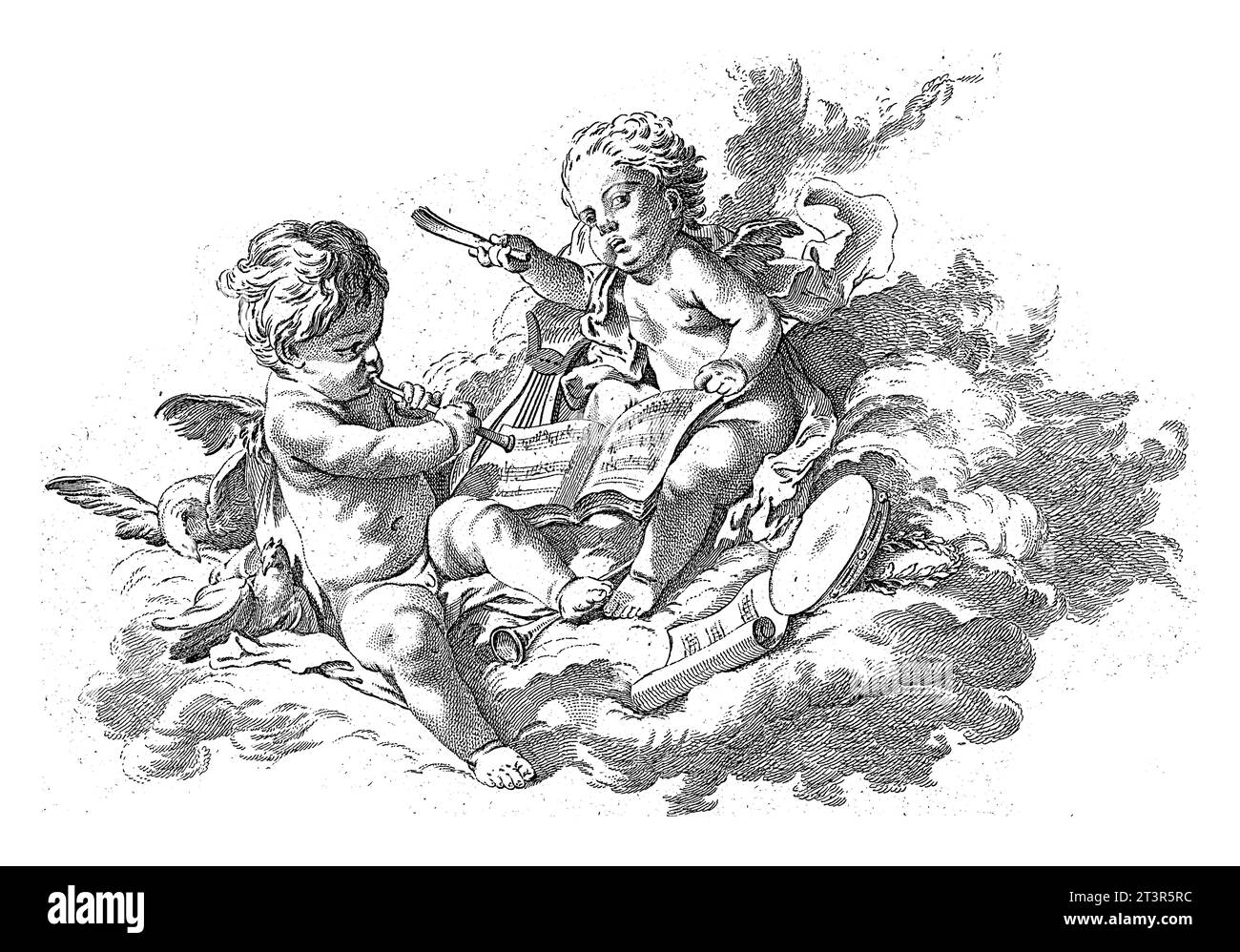 Musique, Georg Leopold Hertel, d'après François Boucher, 1750 - 1778 allégorie de la musique. Deux putti faisant de la musique entourée de partitions et d'instr musical Banque D'Images