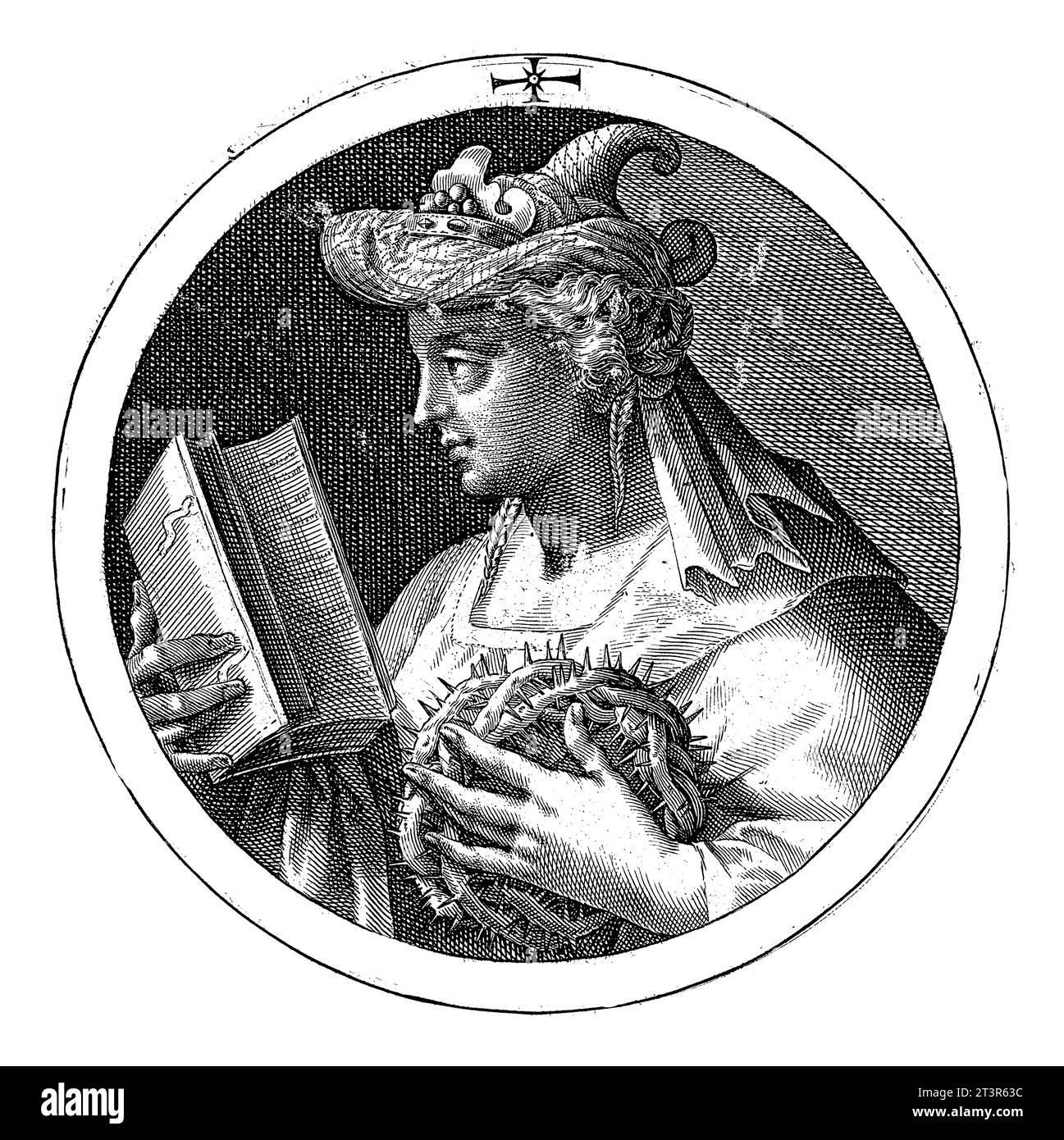 Sibylle de Samos, Crispijn van de passe (I), 1601 buste de la Sibylle de Samos. Dans sa main gauche, elle tient une couronne d'épines et dans sa main droite un trou ouvert Banque D'Images