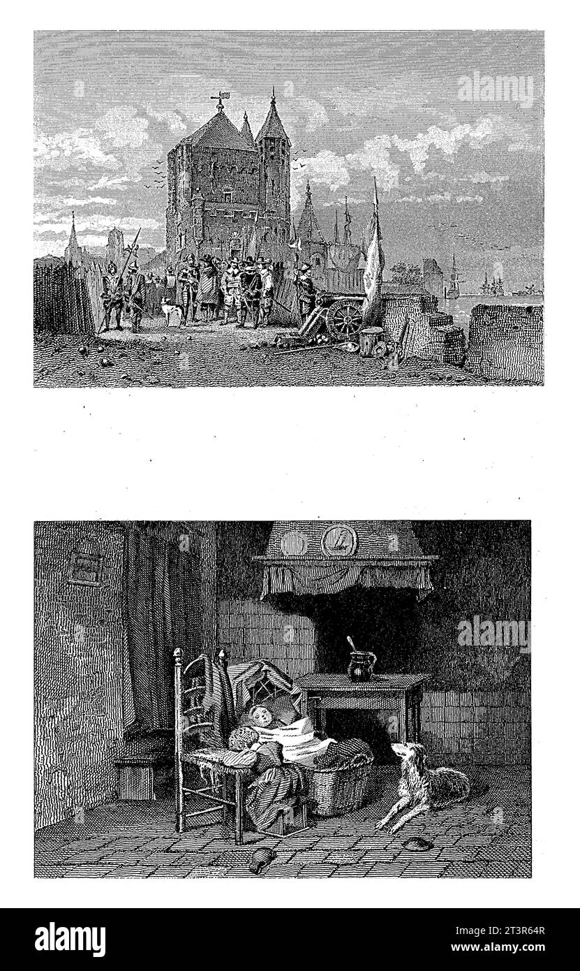 Intérieur et soldats dans une ville, Christiaan Lodewijk van Kesteren, 1842 - 1897 feuille avec deux images. Ci-dessous : un intérieur avec un enfant dans un berceau et un Banque D'Images