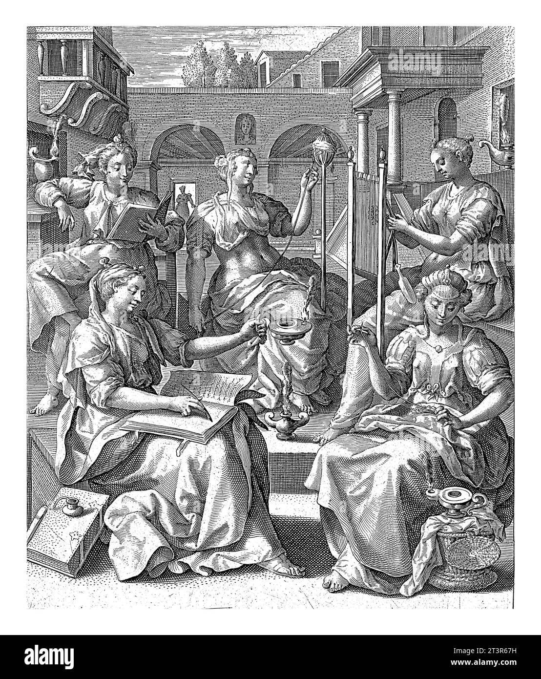Les cinq vierges sages, Crispijn van de passe, d'après Maerten de vos, 1589 - 1611 Cour avec les cinq vierges sages engagés dans diverses activités (se Banque D'Images