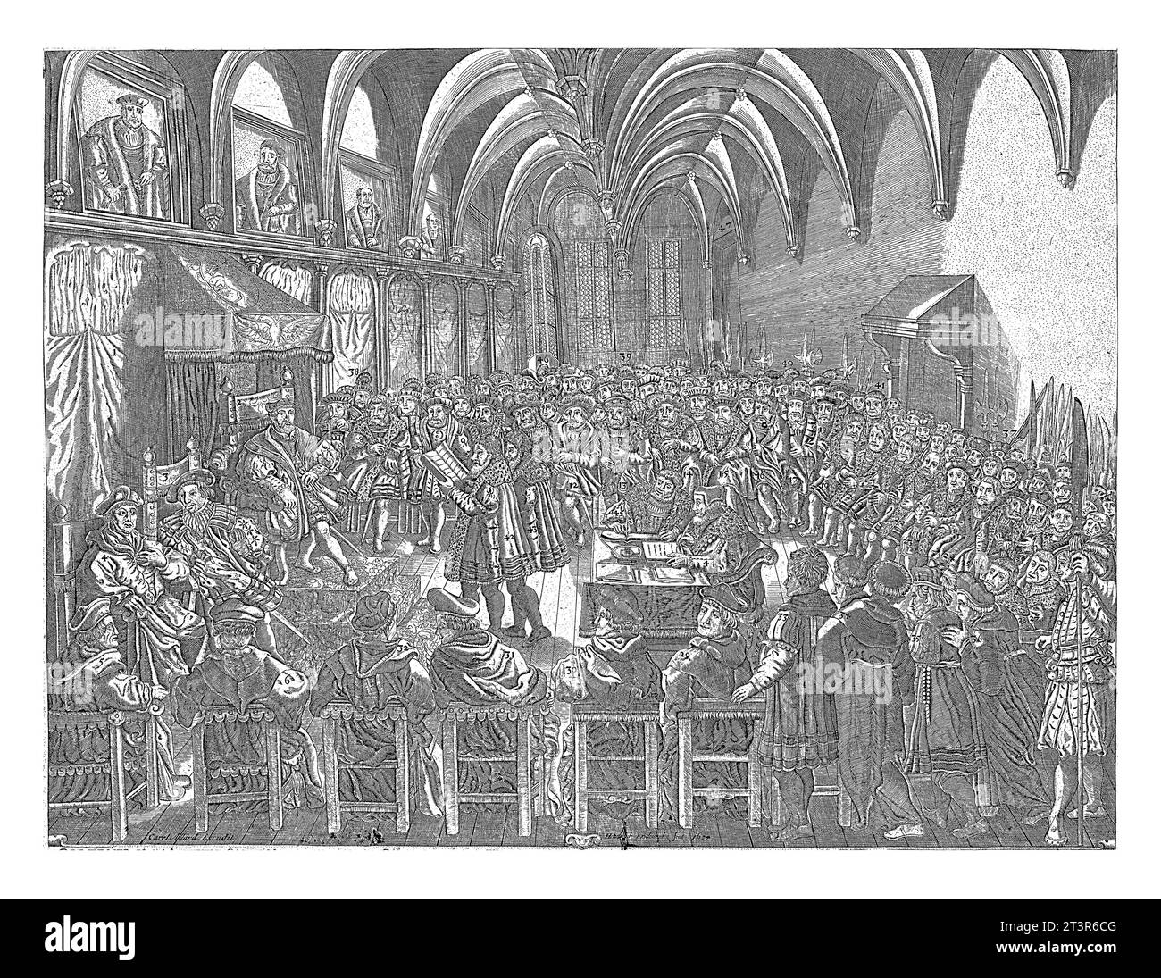 Diète d'Augsbourg, 1530, Hendrick Lodewyck, 1634 Diète d'Augsbourg, 25 juin 1530. Vue de la salle avec tout le monde présent, à gauche Charles V sur son t Banque D'Images