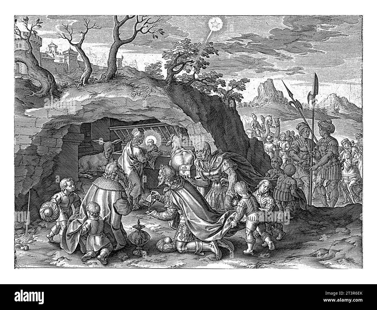 Adoration des Mages, Antonie Wierix (II), 1565 - avant 1604 le Christ enfant, placé dans la crèche dans la grotte par Marie, est adoré par les trois Wi Banque D'Images