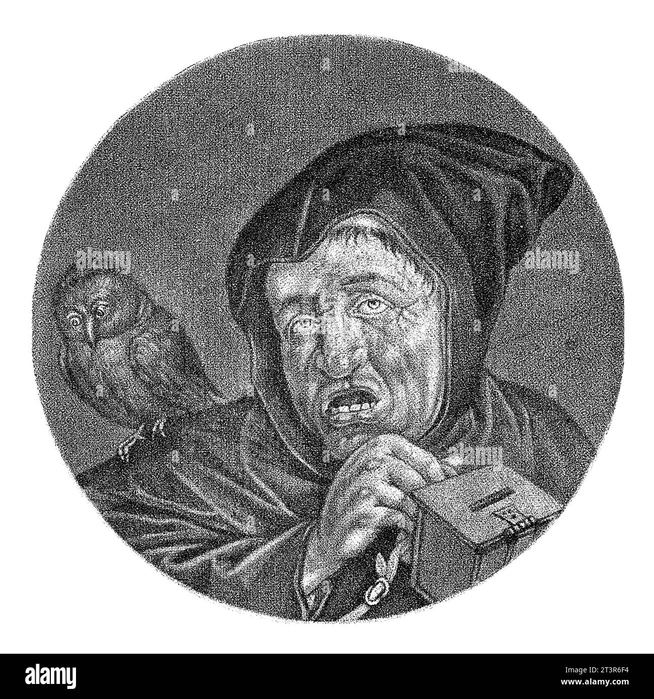 Moine avec un hibou, Jacob Gole, d'après Cornelis Dusart, 1693 - 1700 moine espion de l'Inquisition. Un hibou sur son épaule et une boîte d'argent dans son han Banque D'Images