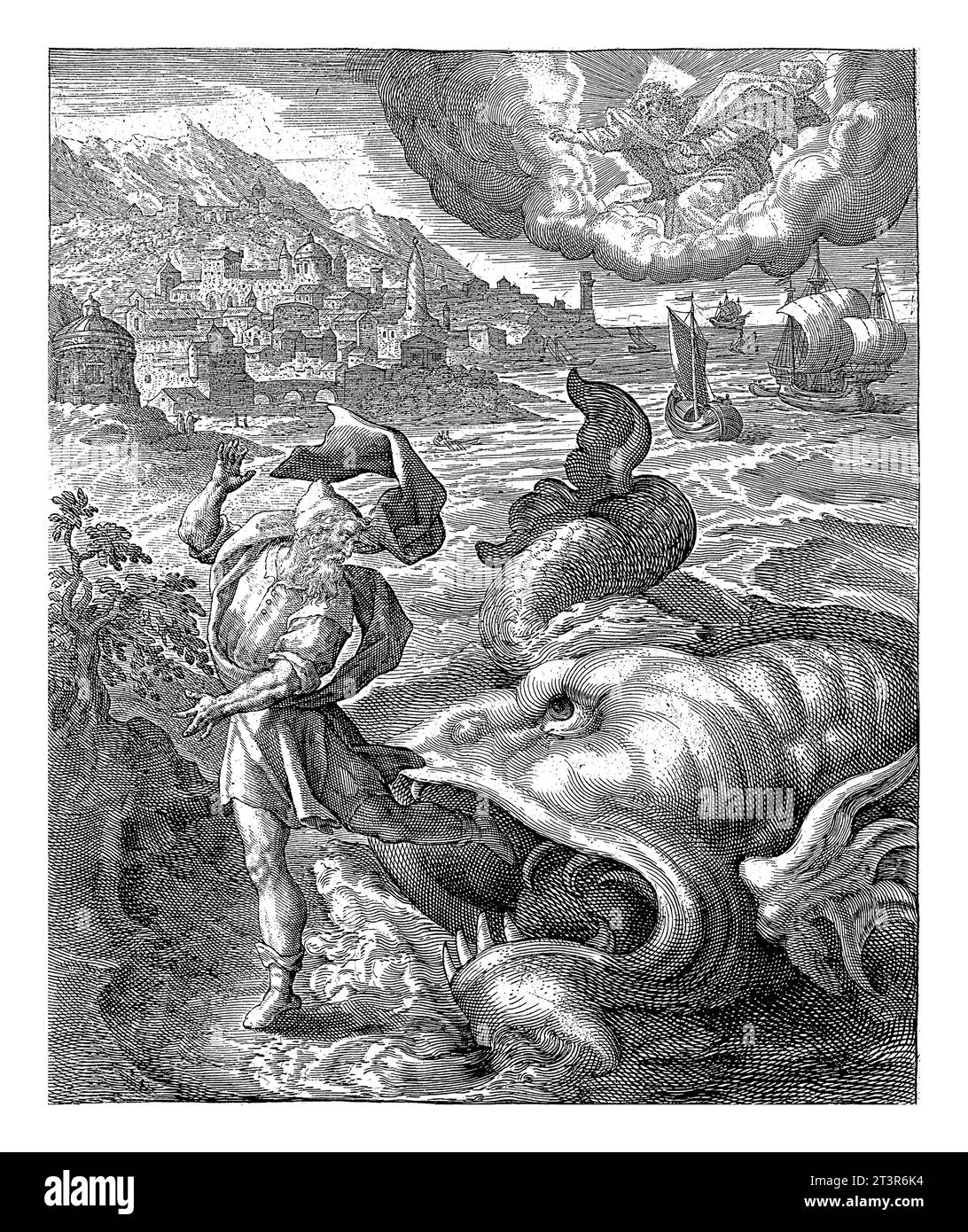 Le poisson crache Jonas sur la terre, Crispijn van de passe (I), d'après Maerten de vos, 1574 - 1637 après avoir survécu trois jours et trois nuits dans le ventre Banque D'Images