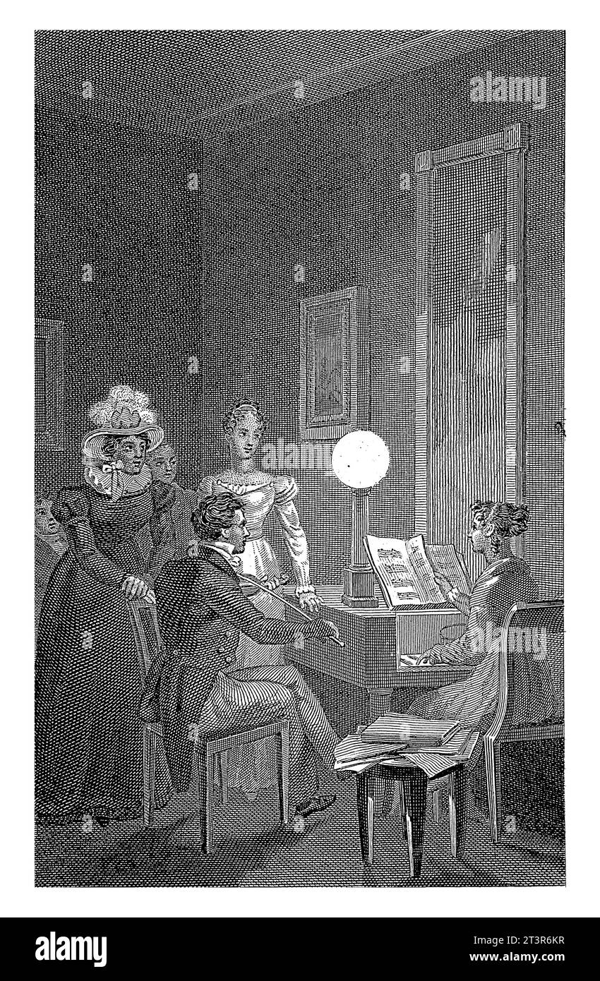 Orchestre de chambre avec piano et violon, Philippus Velijn, d'après A. eLink Sterk jr., 1797 - 1836 Une femme derrière un piano et un homme jouant du violon Banque D'Images