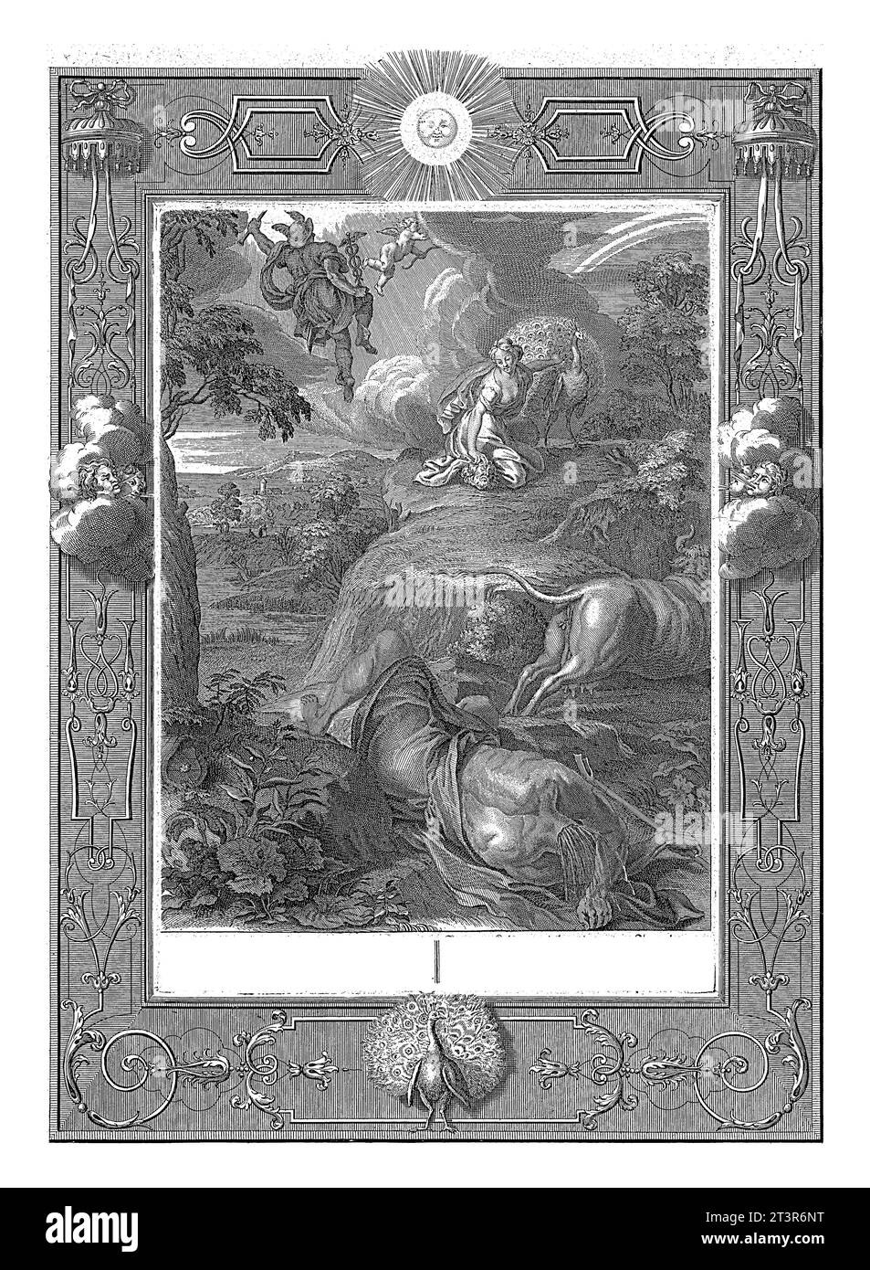 Mercure tue Argus, Bernard Picart (atelier de), 1733 Mercure a coupé la tête d'Argus avec son épée. IO, en apparence de vache, fuit du hun Banque D'Images