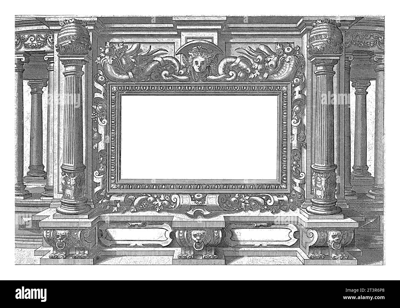 Impression de titre architectural pour une série de 13 estampes représentant des événements du Nouveau Testament qui ont lieu autour du temple. Banque D'Images
