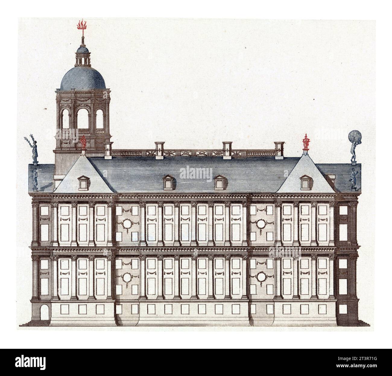 Façade latérale de l'hôtel de ville d'Amsterdam avec balustrade sur le toit, anonyme, 1696 - 1706 la façade latérale de l'hôtel de ville sur la place du Dam à Amster Banque D'Images