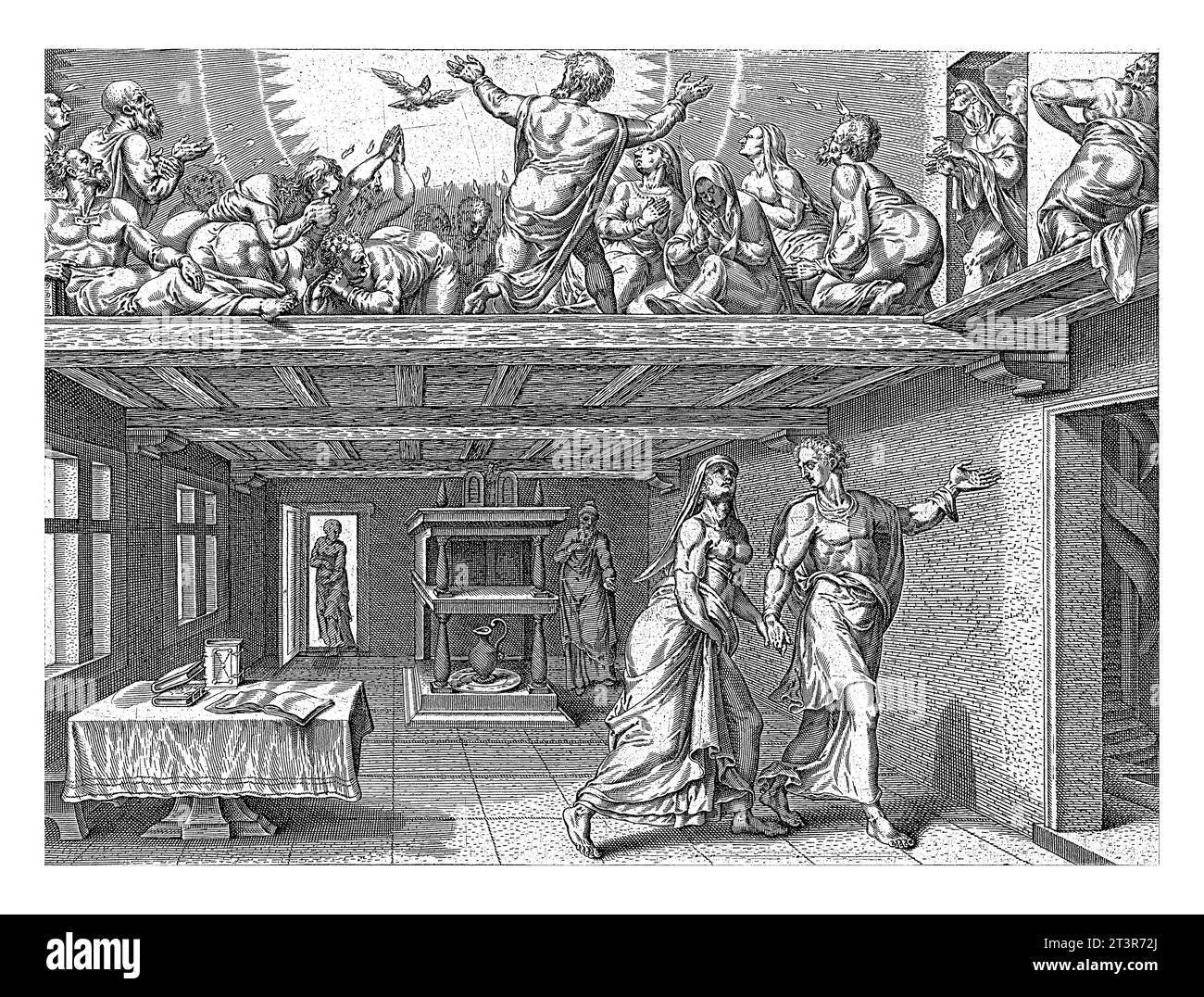 Effusion de l'Esprit Saint, anonyme, d'après Philips Galle, d'après Maarten van Heemskerck, 1646 l'Esprit Saint apparaît sous la forme d'une colombe et est Banque D'Images