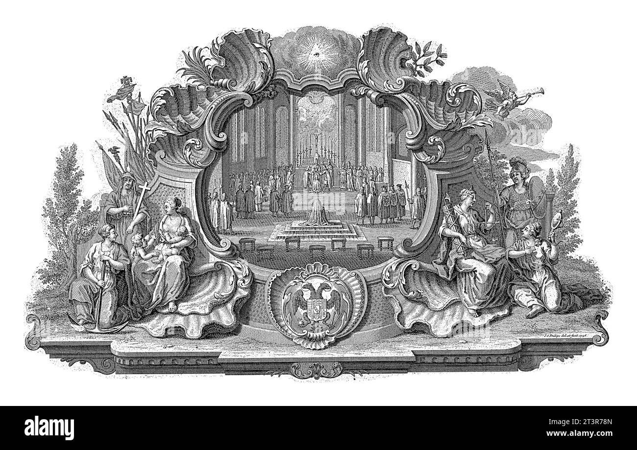 Vignette avec le couronnement de François Ier Stefan comme empereur, 1745, Jan Caspar Philips, 1746 vignette avec le couronnement de François Ier Stefan comme empereur Banque D'Images
