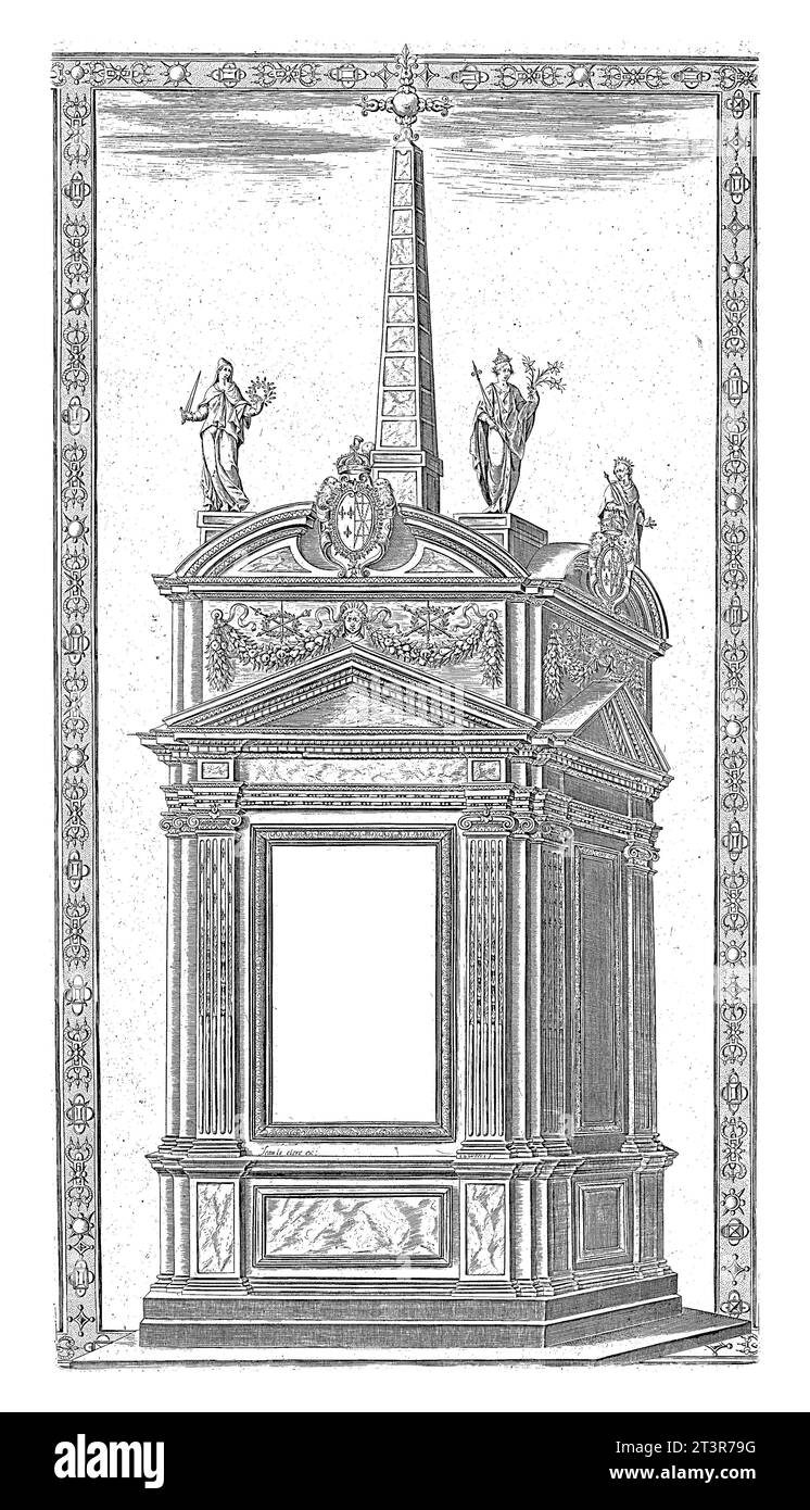 Monument avec obélisque et personnifications des vertus cardinales, anonyme, d'après Jacob de Weert, 1597 Un monument avec pilastres ioniques, triangulaire Banque D'Images