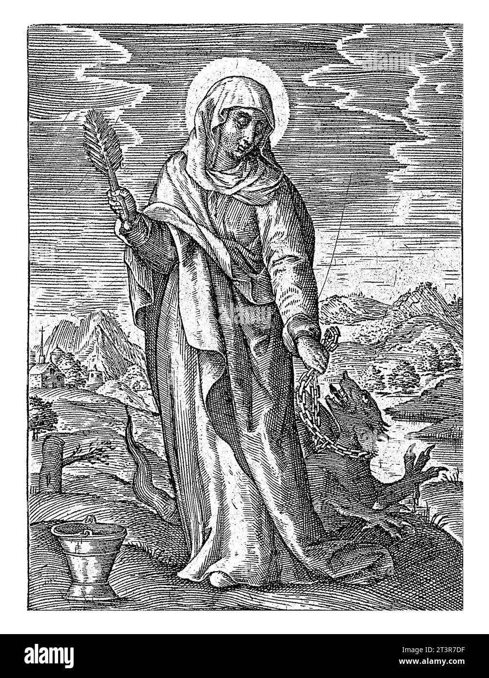 Sainte Marthe de Béthanie, Johannes Wierix, 1559 - avant 1585 Paysage avec Sainte Marthe de Béthanie. Elle tient un dragon sur une chaîne et une eau bénite br Banque D'Images Sainte Marthe de Béthanie, Johannes Wierix, 1559 - avant 1585 Paysage avec Sainte Marthe de Béthanie. Elle tient un dragon sur une chaîne et une eau bénite br Banque D'Images