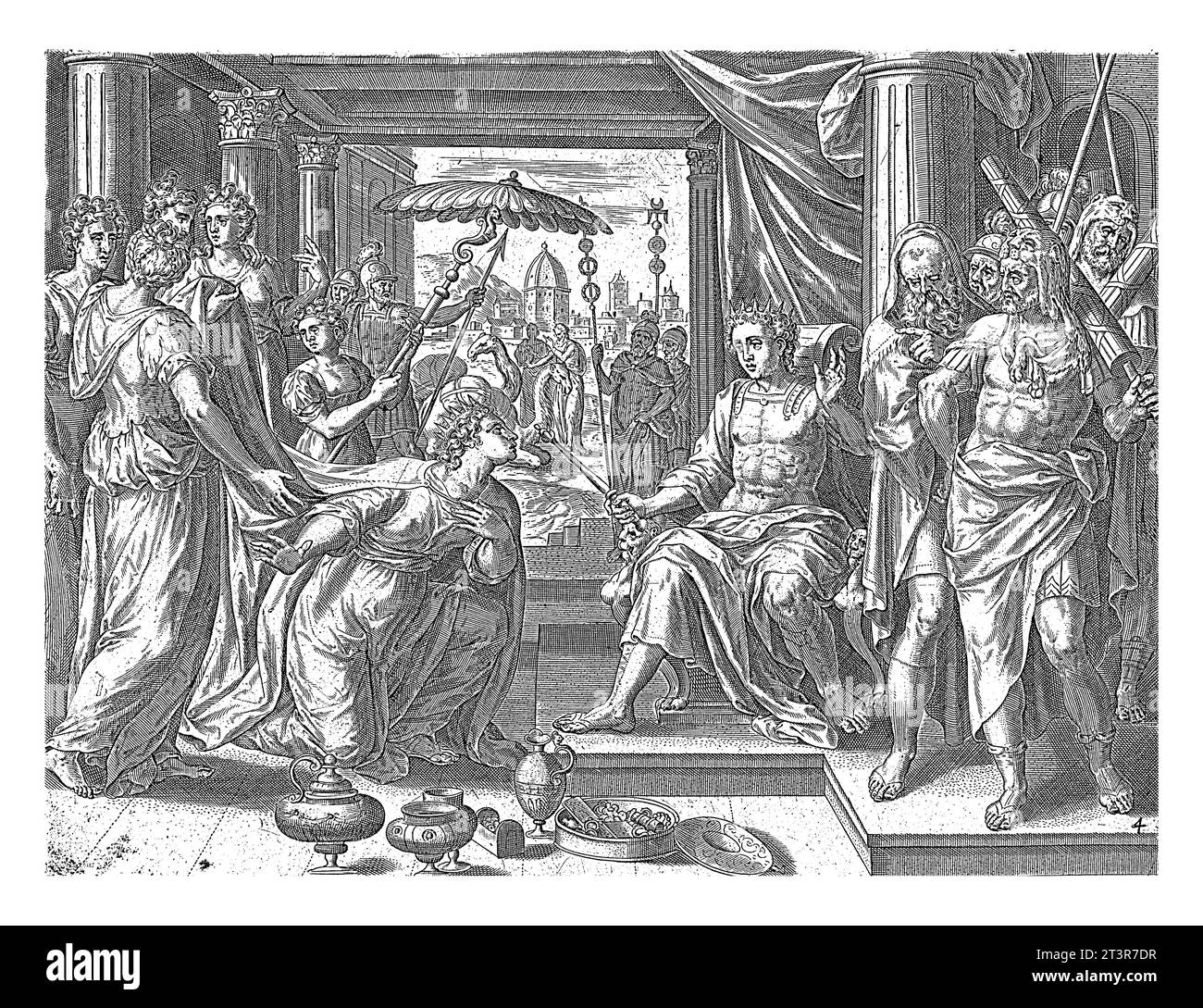 Salomon reçoit la reine de Seba, Hans Collaert (I) (attribué à), après Jan Snellinck (I), 1643 la reine de Seba s'agenouille devant le trône de Salomon. Banque D'Images