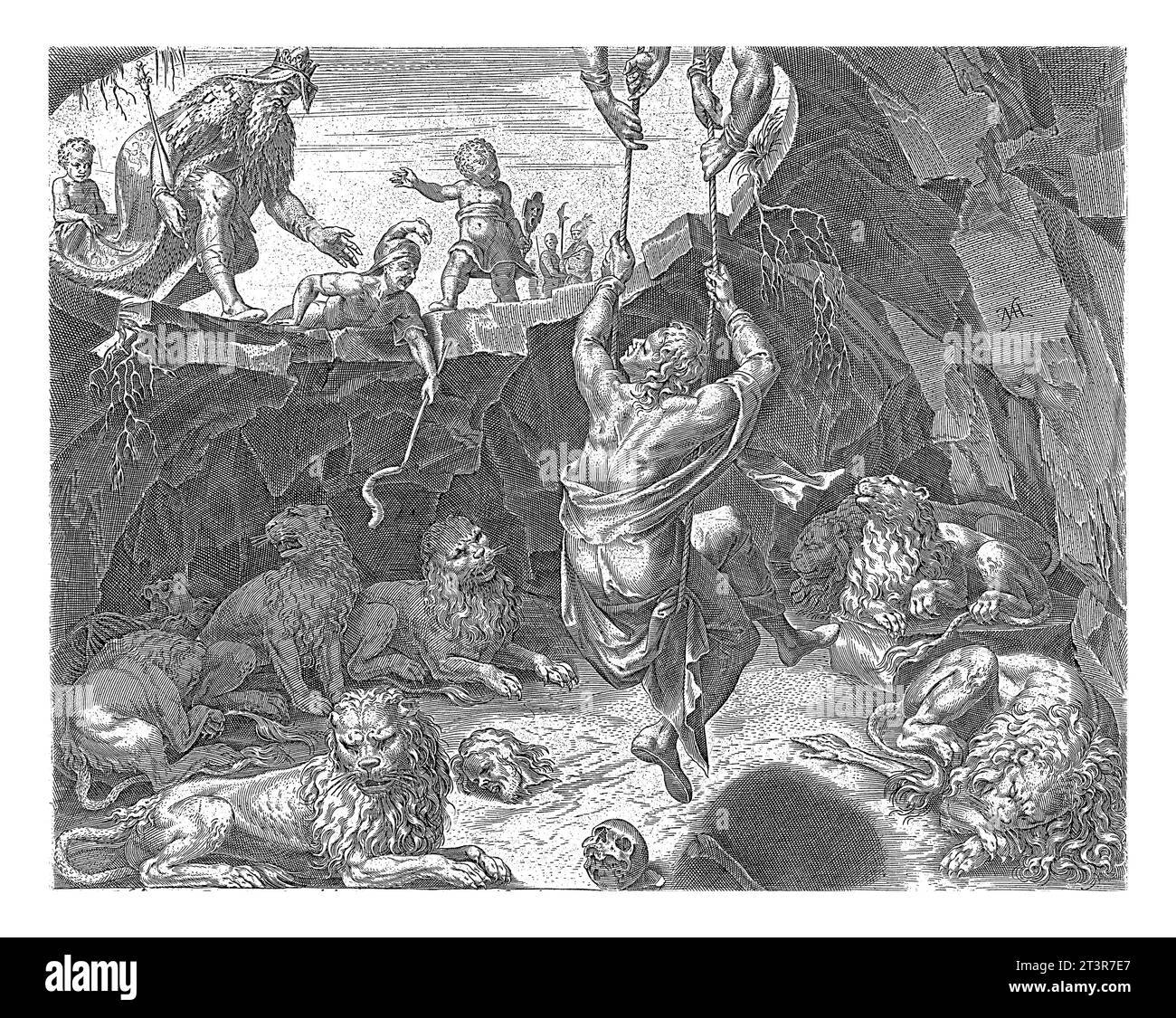 Daniel est libéré de la tanière du lion, Philips Galle, après Maarten van Heemskerck, 1565 - 1678 le roi trouve Daniel vivant dans la tanière du lion après s. Banque D'Images
