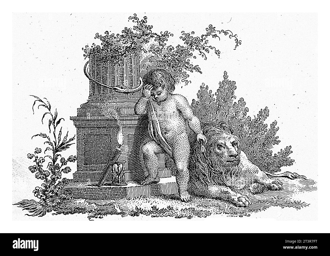 Putto pleurant sur une colonne en ruine, Reinier Vinkeles (I), 1751 - 1816 putto pleurant avec un lion enchaîné sur une colonne en ruine. Autour de la colonne un serpent bi Banque D'Images