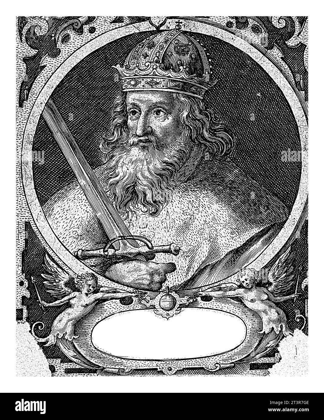 Charlemagne comme l'un des neuf héros, Crispijn van de passe (I), 1574 - 1637 le héros chrétien Charlemagne. Buste enfermé dans un médaillon avec un carto Banque D'Images