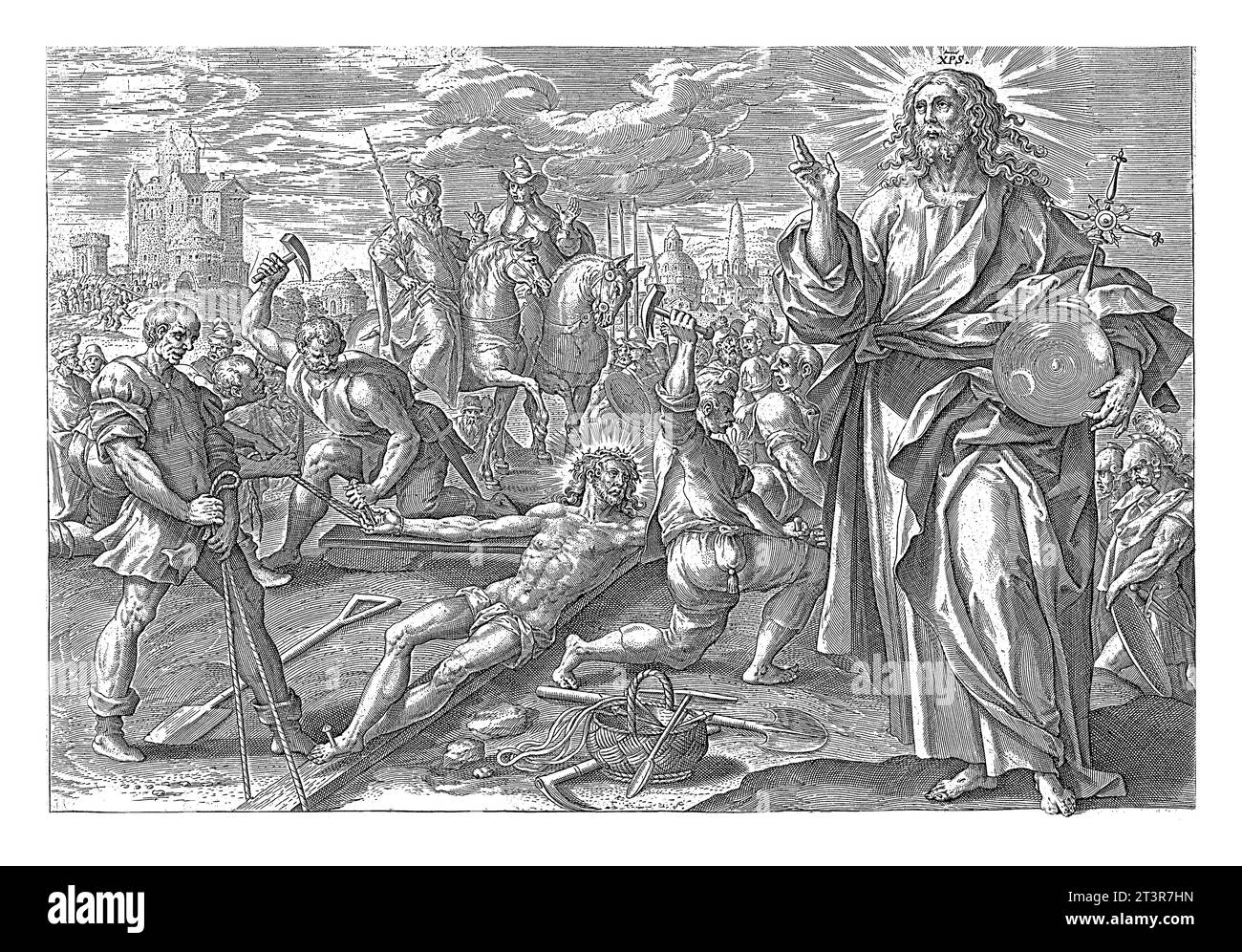 Crucifixion du Christ, anonyme, d'après Maerten de vos, 1646 Christ est cloué à la croix. À droite de cette scène, il est représenté à nouveau comme sauveur Banque D'Images
