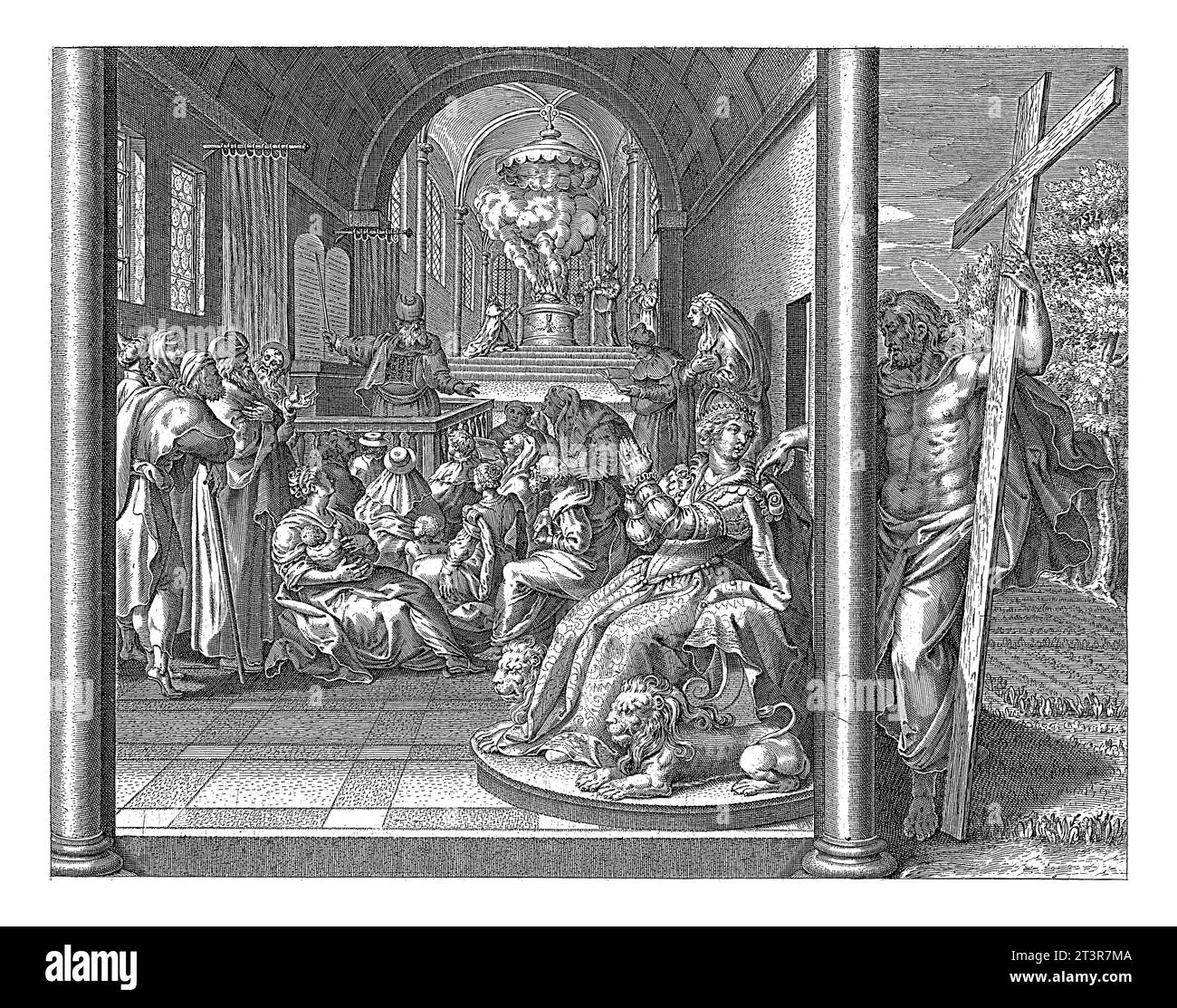 Le Christ touche son épouse, Johann Sadeler (I), d'après Maerten de vos, 1643 l'épouse du Christ (l'Église) est assise sur un trône dans un temple. Christ se tient debout Banque D'Images