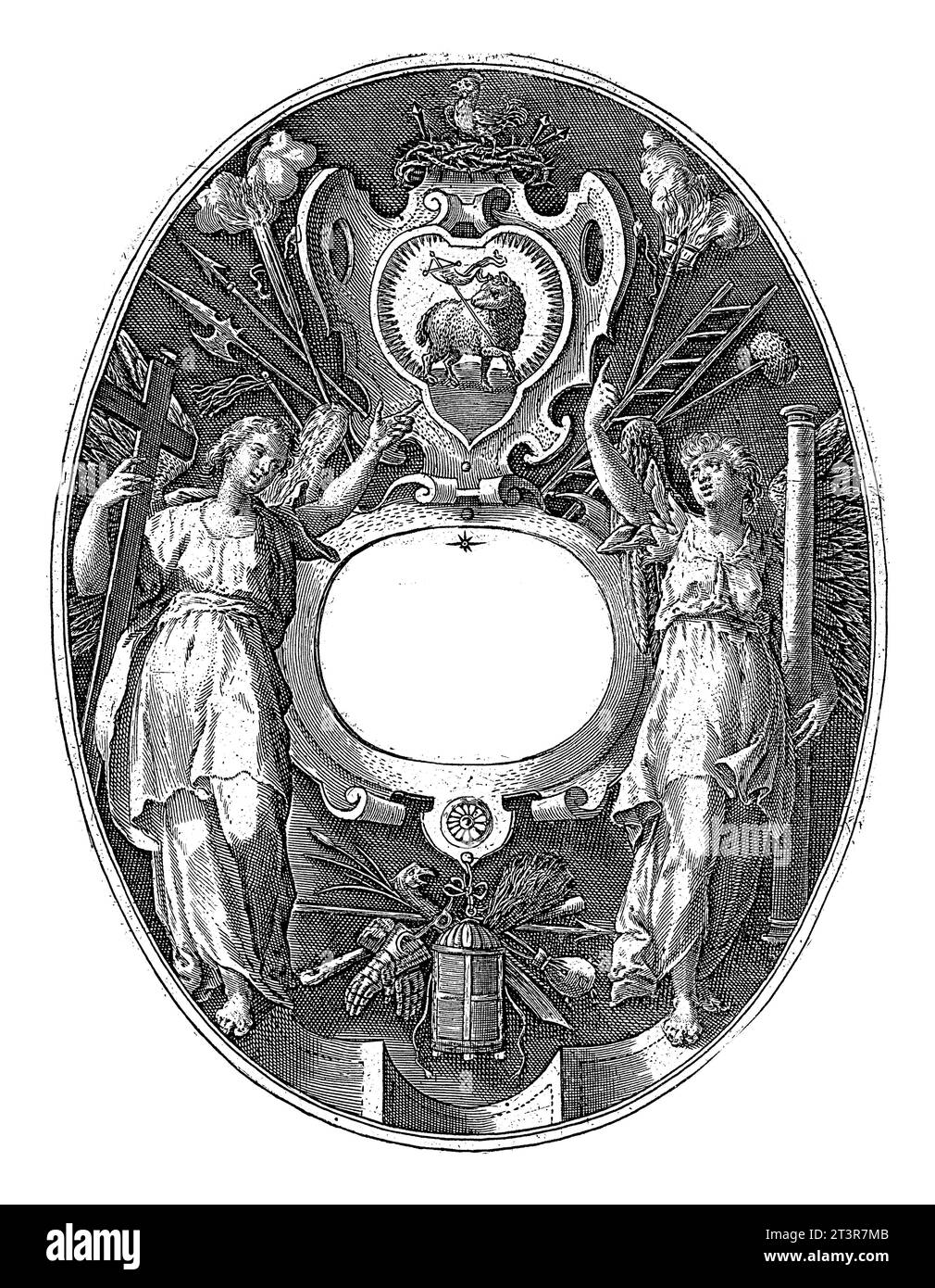 Tirage titre pour une série avec la passion du Christ, Crispijn van de passe (I), 1600 deux anges pointent vers un cartouche avec le retable de Gand. Banque D'Images