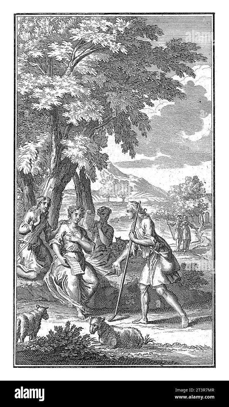 Réunion des bergers et des bergers, Andries van Buysen (Sr.), 1723 trois bergers reposent sous un arbre. Ils lisent des lettres. Un jeune berger wal Banque D'Images