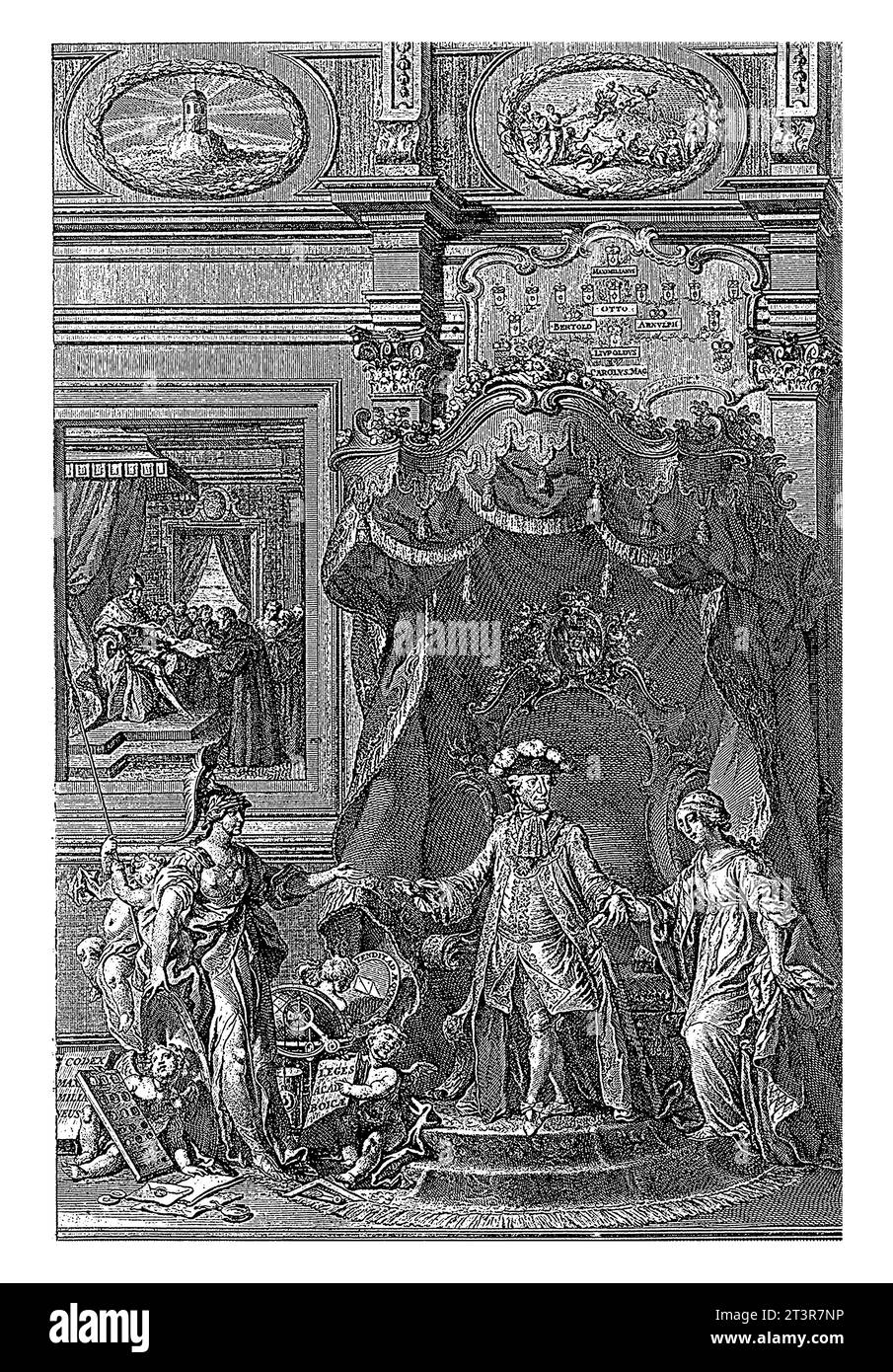 Portrait de Maximilien III Joseph, électeur de Bavière avec allégories, Johann Esaias Nilson, 1774 l'électeur dirige la personnification de la Bavière. Banque D'Images