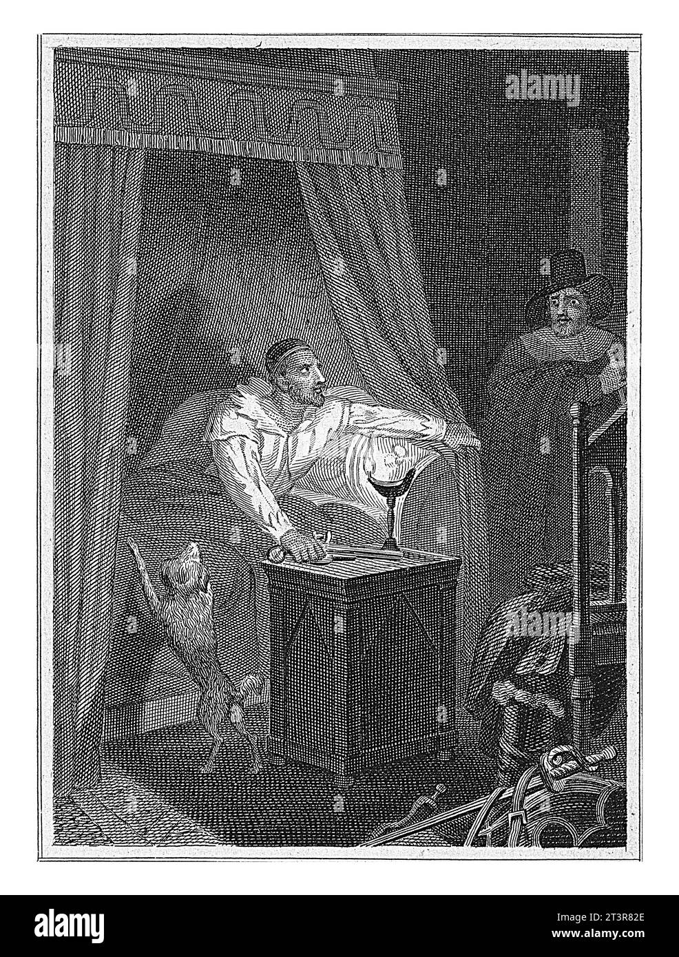 Homme dans une chambre avec un homme dans un lit, Philippus Velijn, d'après A. eLink Sterk jr., 1828 un homme dans un chapeau et un manteau se tient à l'intérieur d'une chambre. Banque D'Images