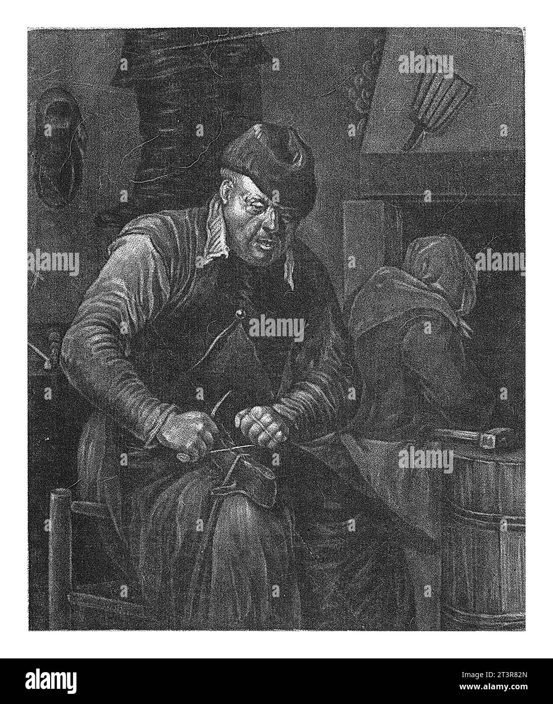 Portrait de Jean Logne, Jacob Gole, 1670 - 1724 dans une chambre, le cordonnier Jean Logne répare une chaussure. Derrière lui se trouve une femme près de la cheminée. Banque D'Images