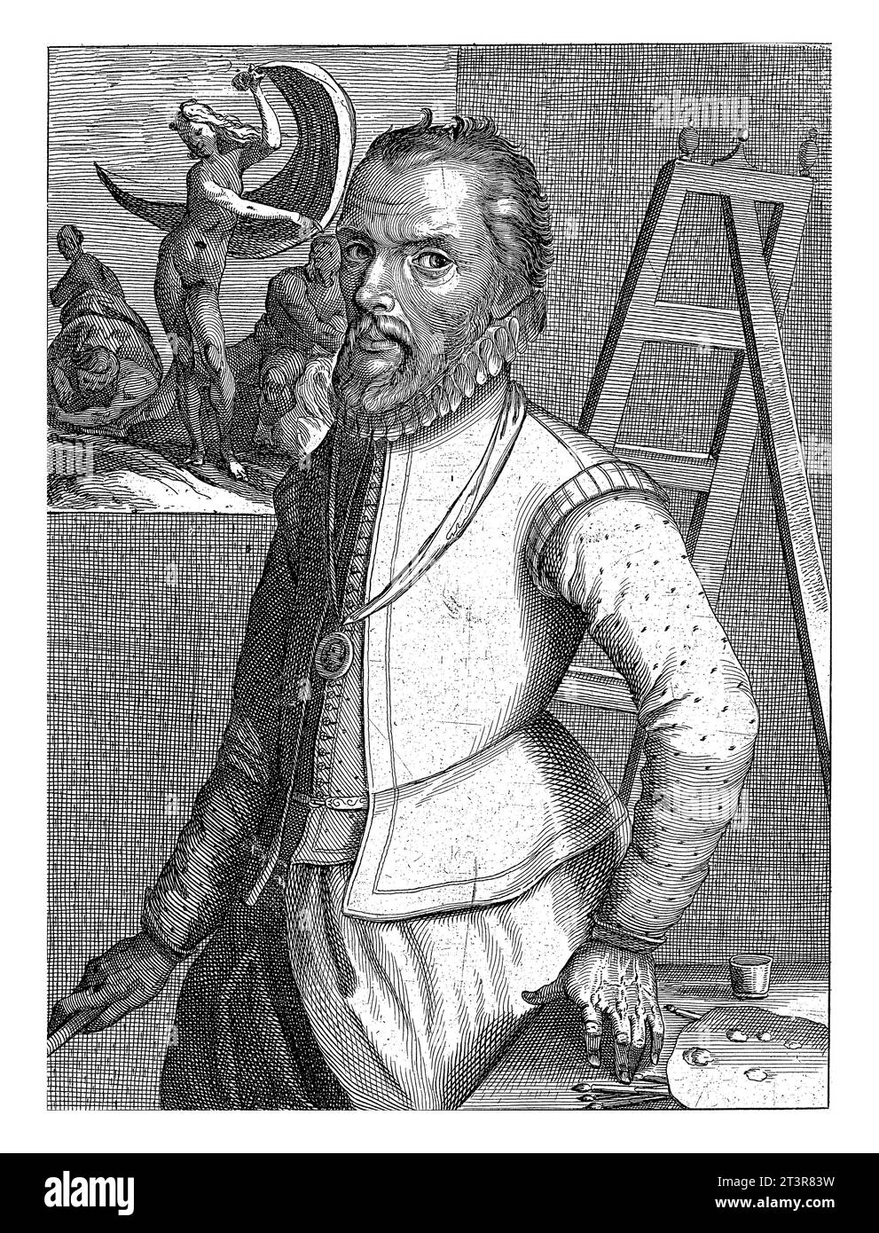 Portrait de Michiel Coxcie, Simon Frisius, 1610 Portrait de l'artiste Michiel Coxcie avec un texte latin de quatre lignes sur la personne représentée ci-dessous. Banque D'Images