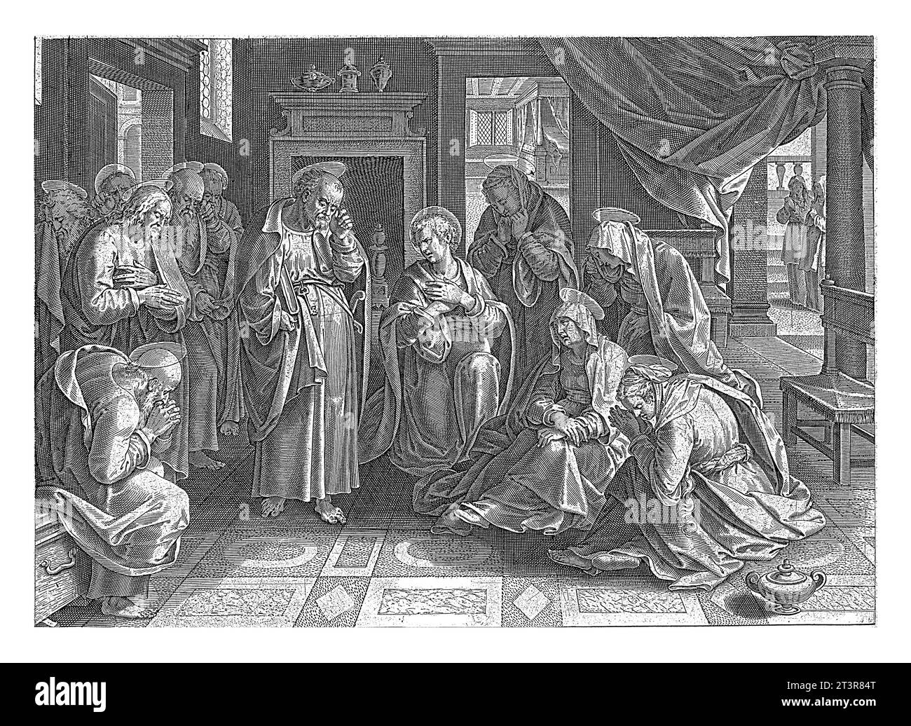 Marie et les apôtres pleurant le Christ, anonyme, d'après Jan van der Straet, 1646 au centre d'un salon sont les apôtres, Marie et plusieurs wom Banque D'Images