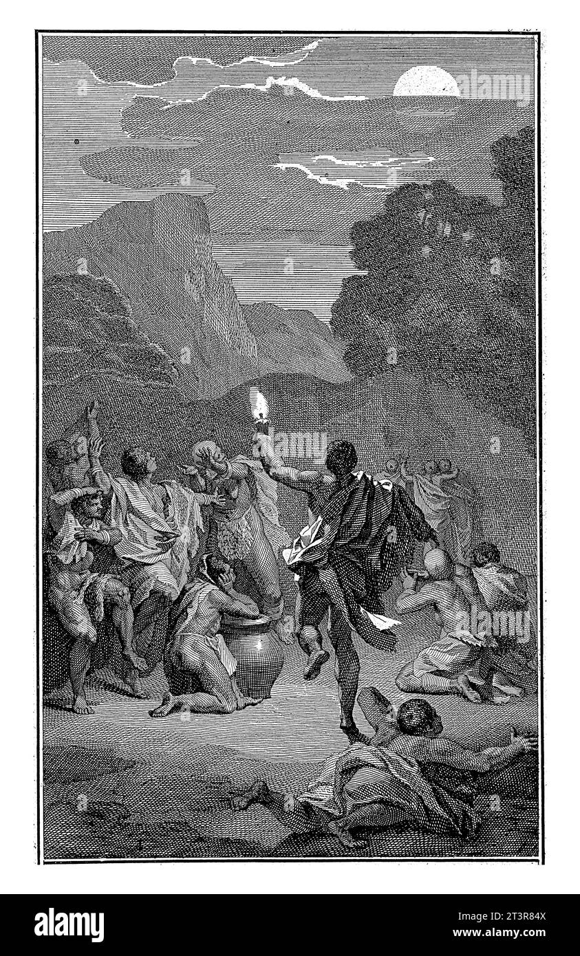 Khoi vénère la lune, Jan Wandelaar, 1727 paysage montagneux avec Khoi vénérant la lune lors d'un rituel religieux. Banque D'Images