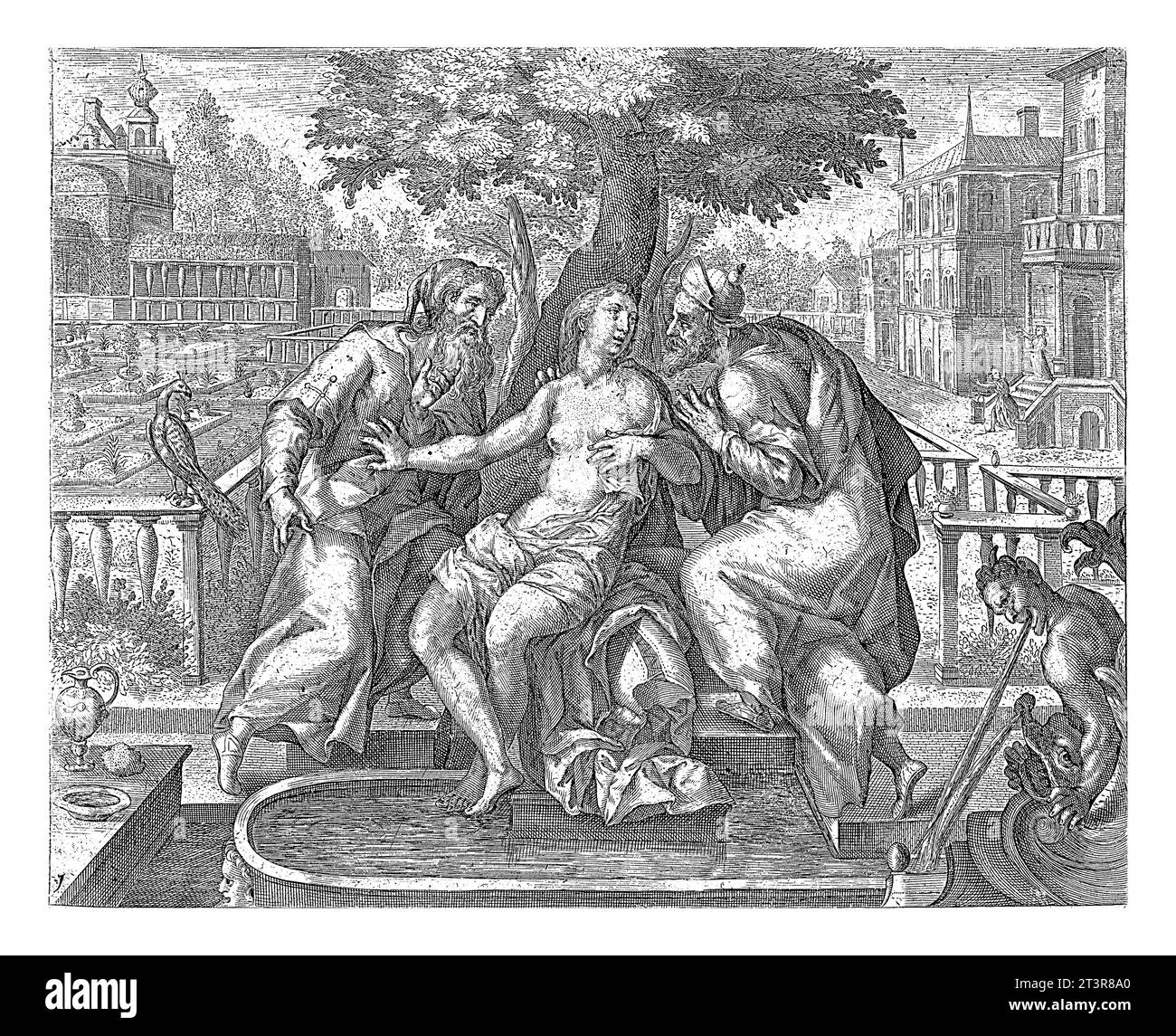 Susanna et les anciens, Crispijn van de passe (I) (peut-être), après Crispijn van de passe (I), 1574 - 1637 Susanna est touchée par deux anciens pendant son bain Banque D'Images