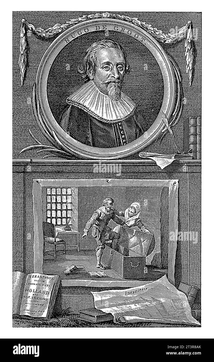 Portrait de Hugo de Groot et son évasion dans une boîte à livres, Reinier Vinkeles, après Jacobus Buys, 1795 - 1798 Portrait du juriste Hugo de Groot avec hi Banque D'Images