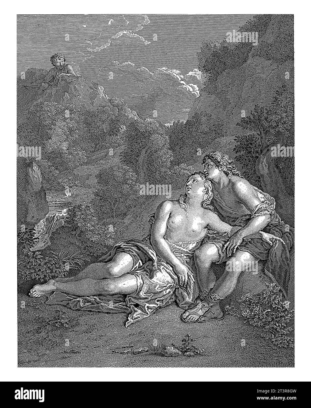 ACIS et Galatea regardés par Polyphemus, Edme Jeaurat, d'après Charles de Lafosse, 1722, vintage gravé. Banque D'Images